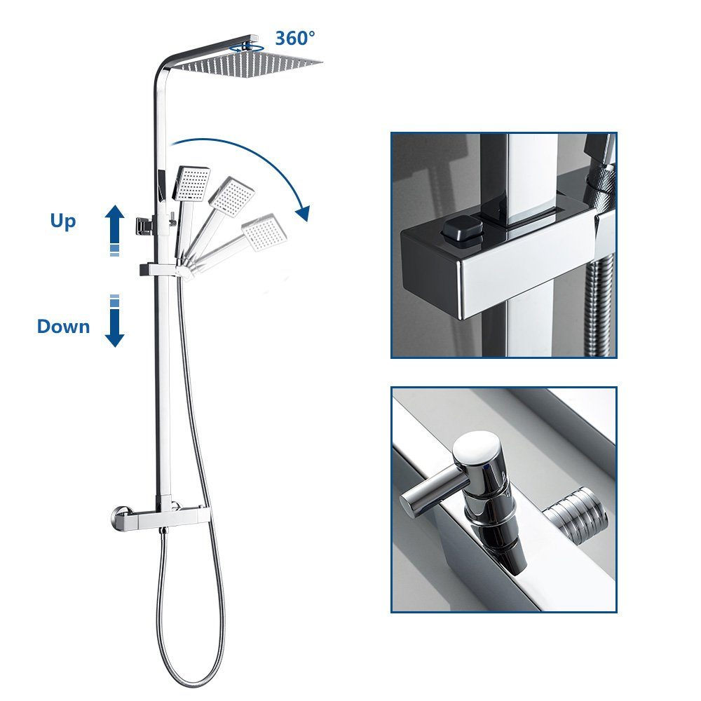 Duschsystem Höhe mit Duschamaturenset 129.5 Chrom Edelstahl Duschsystem Duscharmatur Thermostat, Auralum cm