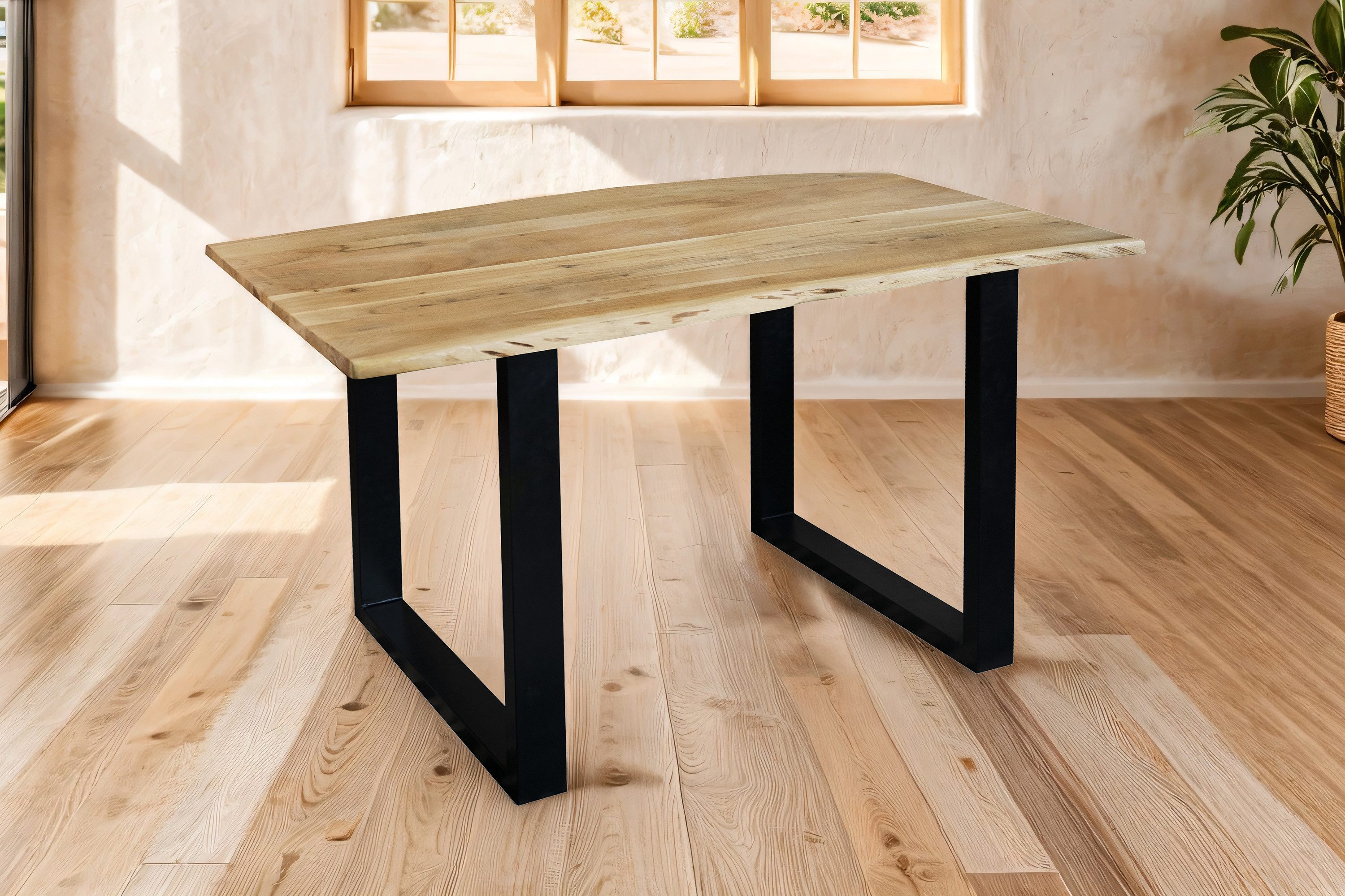 SAM® Baumkantentisch Hope, massives Akazienholz, Baumkante, Metallgestell U-Form, bis 3m