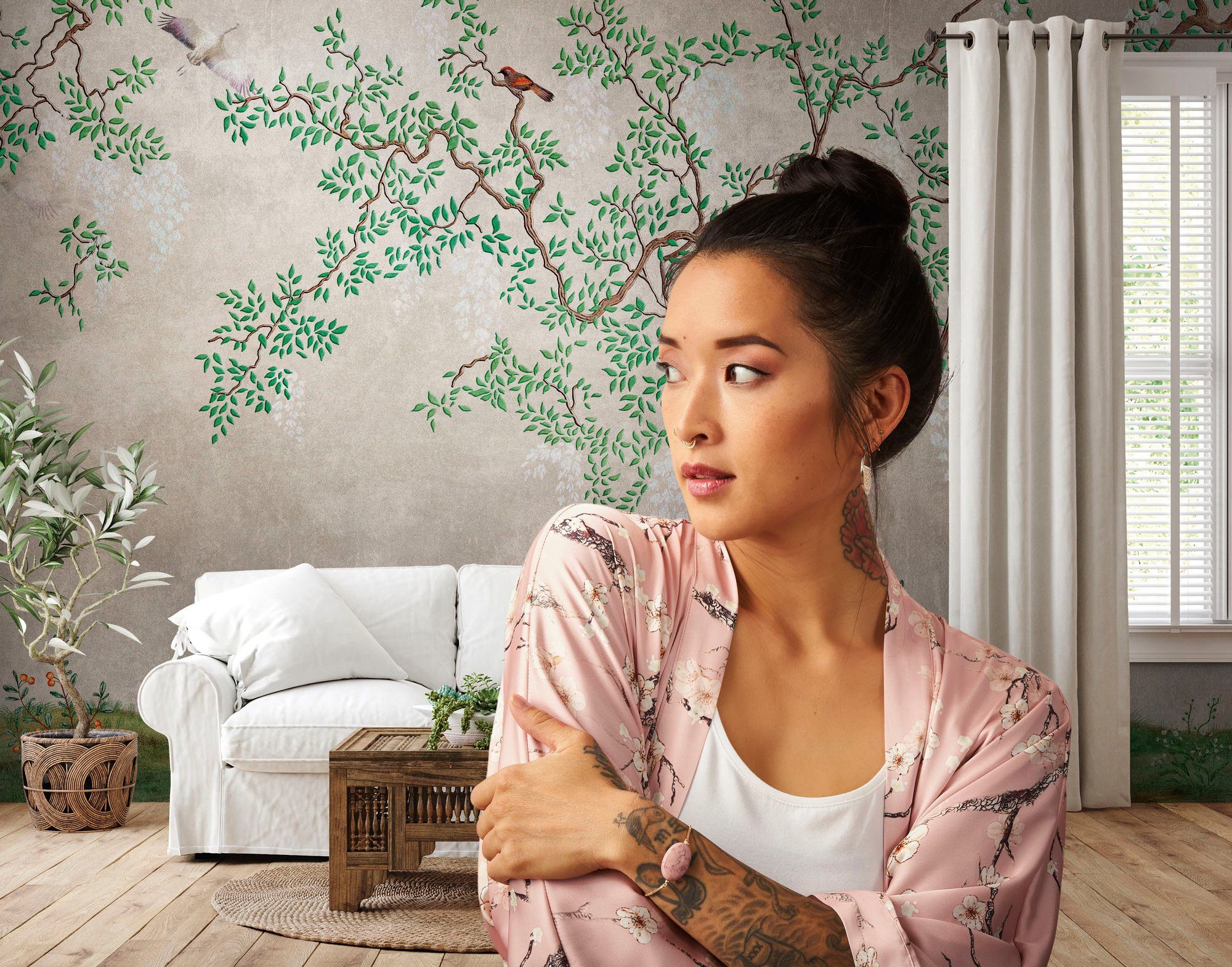 living walls Fototapete The Wall, glatt, asiatisch, Wald, animal print, Fototapete Landhaus Tapete Vögel Tapeten Wohnzimmer Design Wandtapete