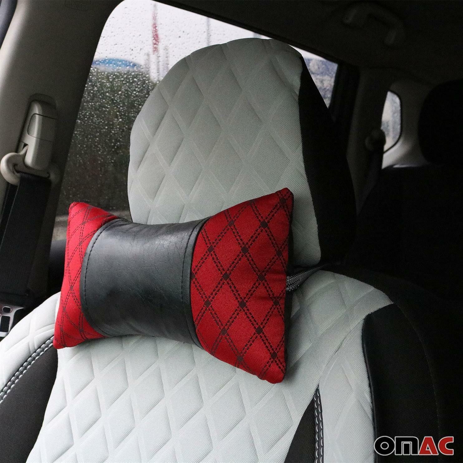 OMAC Autokopfstütze 2 Stück KFZ Auto Autositzkissen Nackenkissen Leder Schwarz Rot 8x30cm