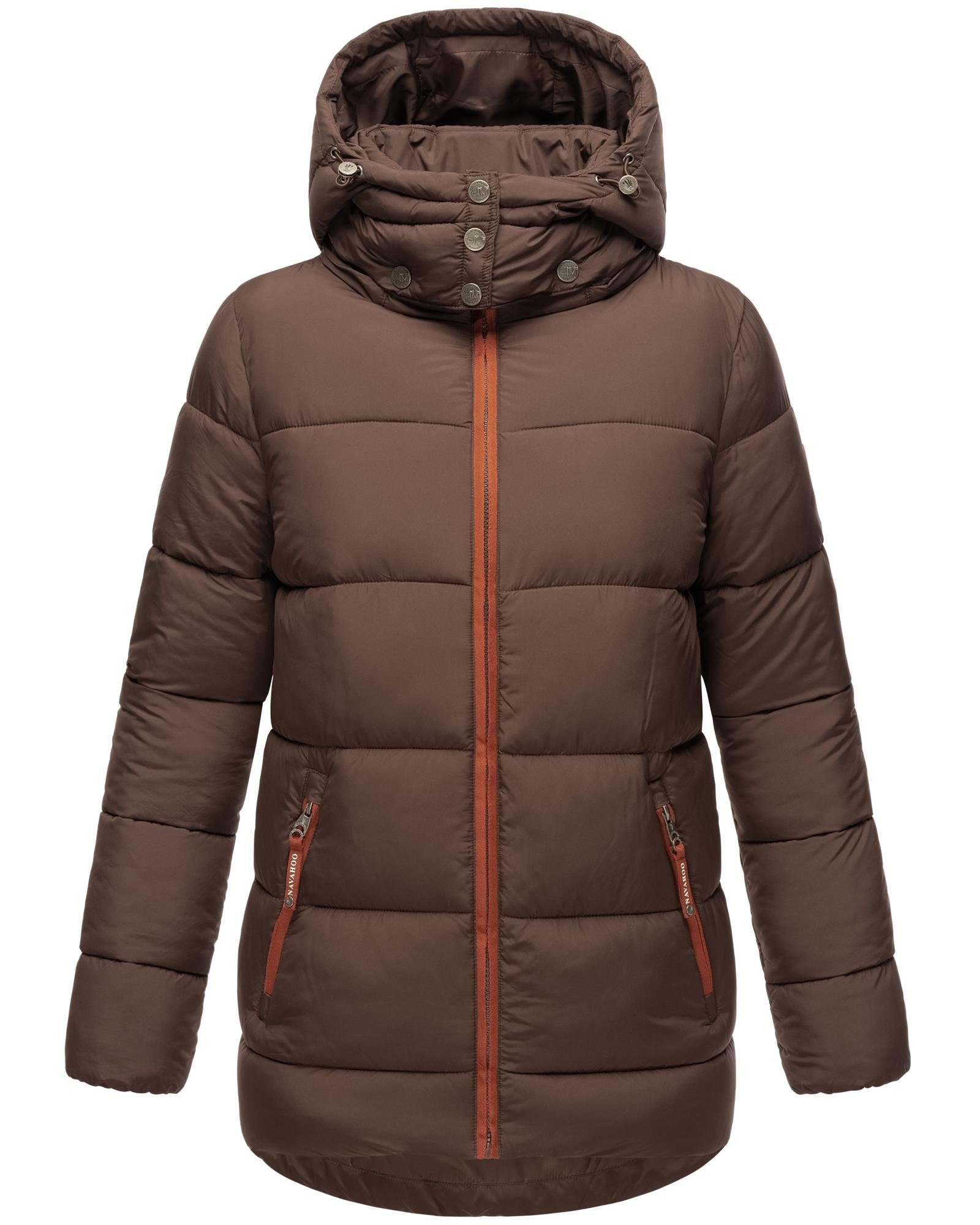 Details Navahoo mit Wattewölkchen dunkelbraun Modische Damen Winterjacke Steppjacke kontrastfarbenen