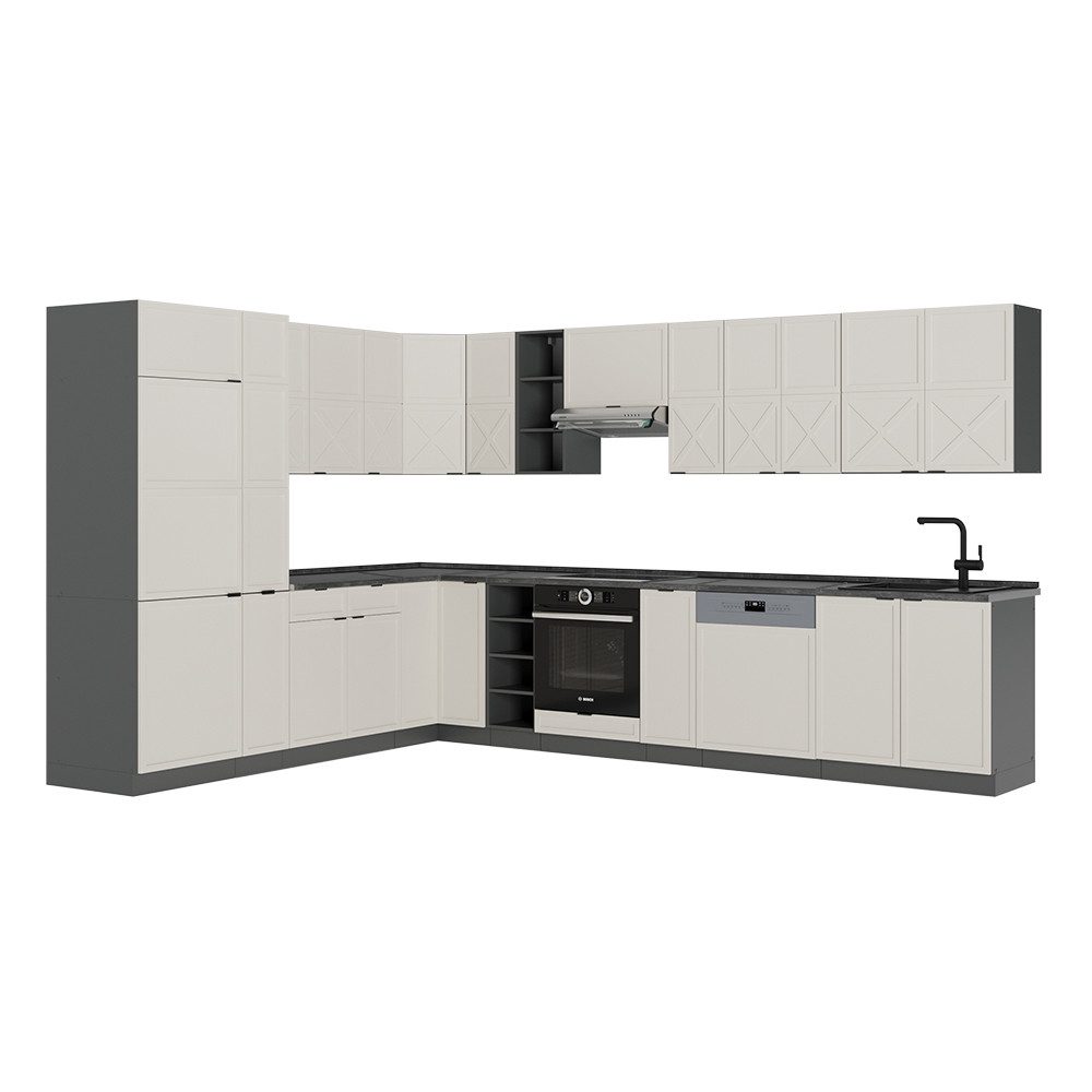 Vicco Winkelküche Fame-Line, GrauBeige/Anthrazit/Anthrazit, 347 x 257 cm, AP Anthrazit