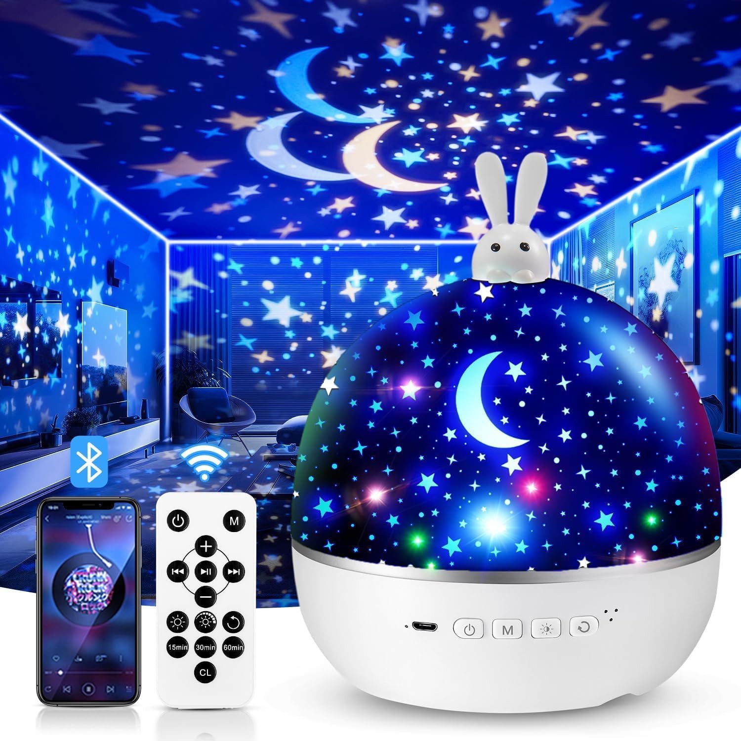 Vivitar LED-Sternenhimmel Projektor Nachtlicht, 15 Projektionsmotive, 315 Beleuchtungsmodi, Personalisierte Geschenke für Kinder, 360°-Drehung, Bluetooth-Lautsprecher, Fernbedienung, 3 Helligkeitsstufen, 15/30/60 Min. Timer, über USB aufladbar, Sternenpro