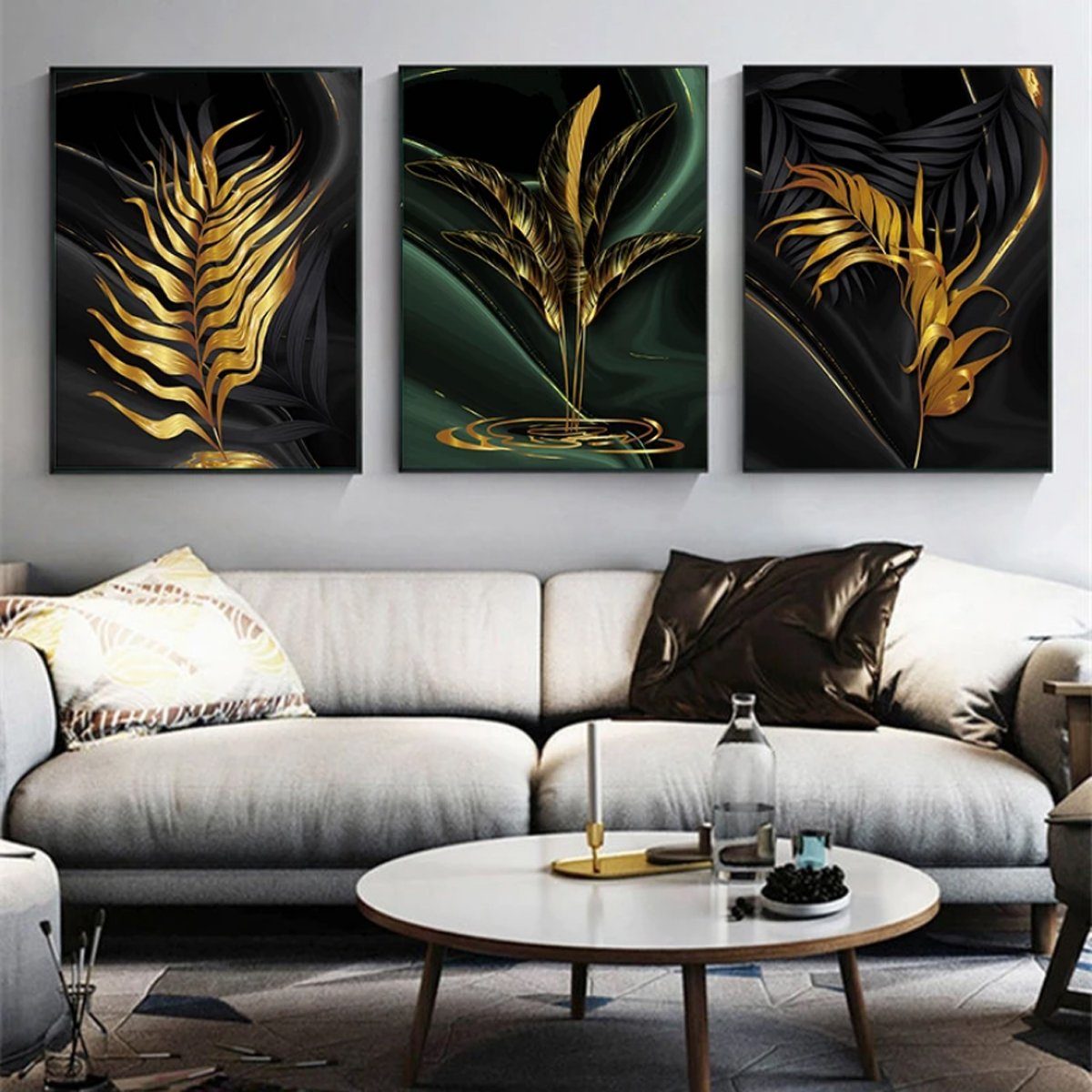 TPFLiving Kunstdruck (OHNE - Poster Leinwand Wanddeko 3-er - Schwarz 10x15cm günstigen RAHMEN) (Einzeln Größe: Farben: Set Wandbild, - - im Wohnzimmer), Goldene und - Gold, Blätter
