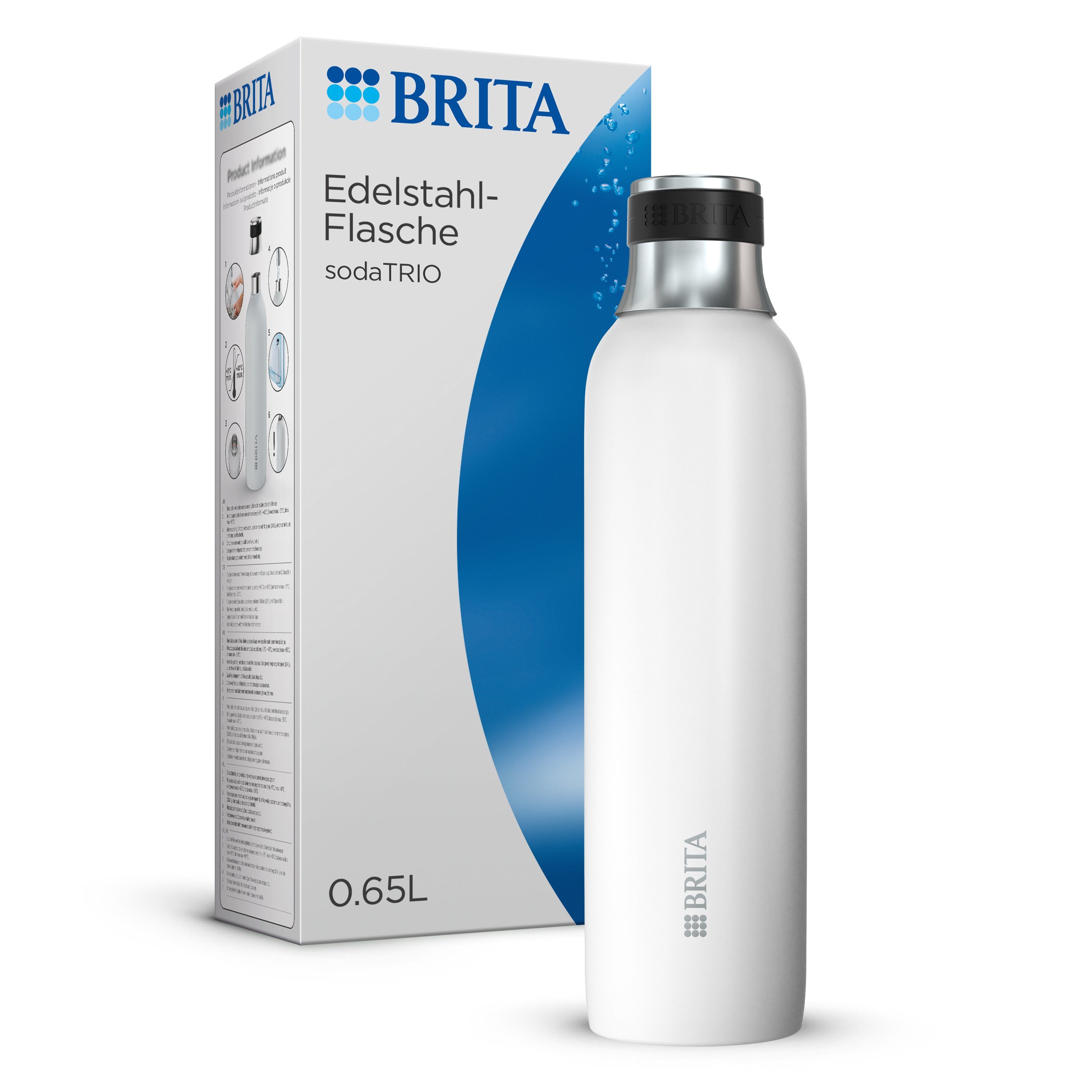 BRITA Wassersprudler Flasche sodaTRIO, (1 x original BRITA sodaTRIO Edelstahlflasche), isolierte & doppelwandige Premium Edelstahl Flasche, 0,65l