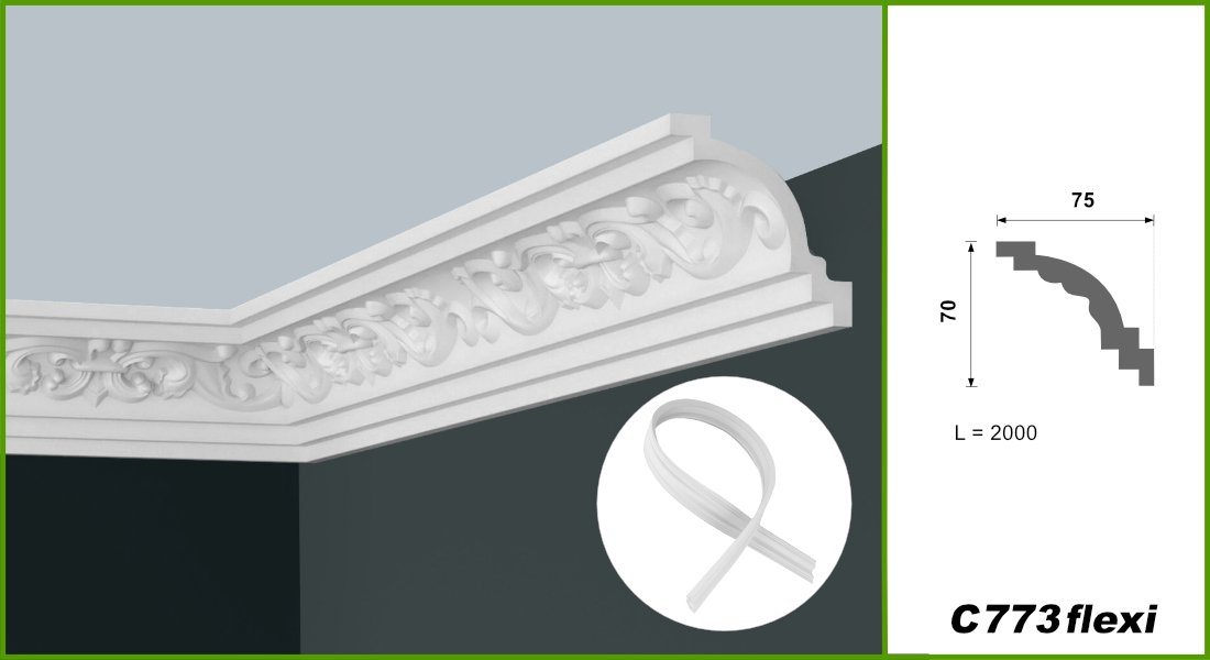 Thumbnail - Hexim Stuckleiste C773 flexi, 20 Meter / 10 Leisten, Stuckleisten Decke Barock Stil, PU Hartschaum & Flexibel - 2m Decke...