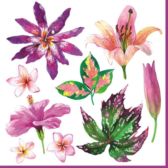 Linoows Papierserviette 20 Servietten Sommer Aquarell Tropische Blumen und Blätter Motiv Sommer Aquarell Tropische Blumen und Blätter