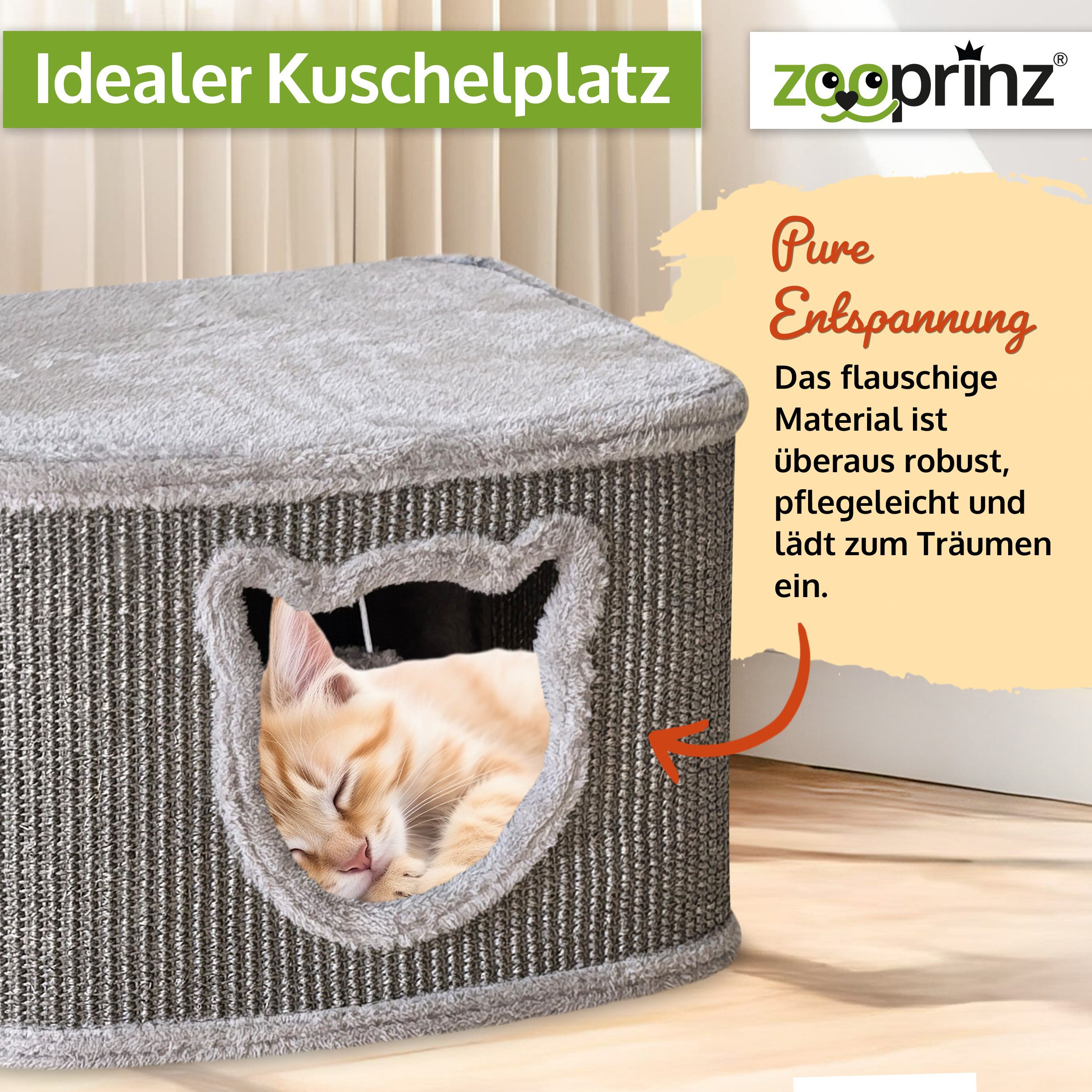 Zooprinz Katzenhaus Indoor aus Sisal mit Spielball, Plüsch, 40 × 40 × 27 cm, Modernes Design