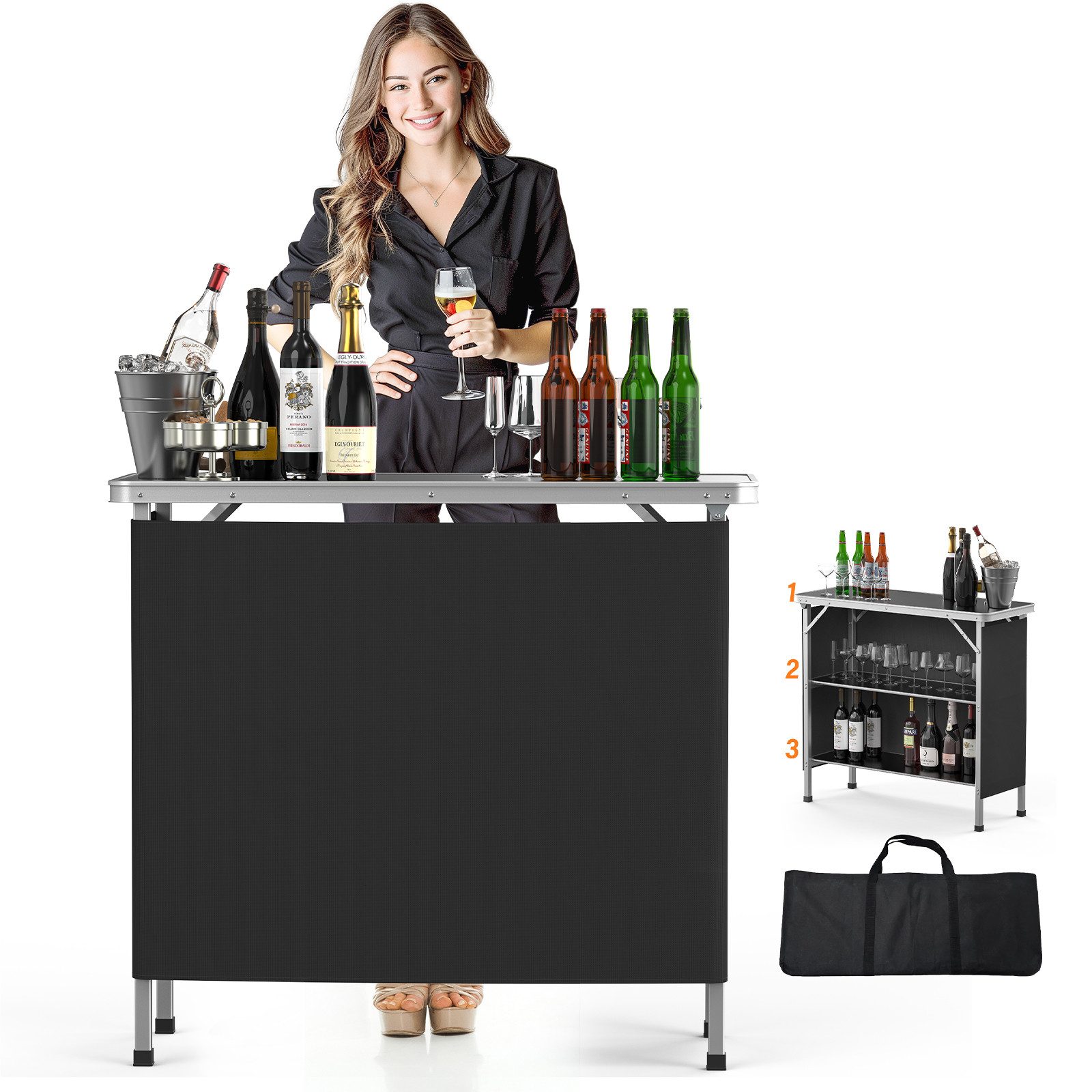 VINGLI Campingtisch aus Aluminium, Klappbarer Outdoor Bartisch, inkl. Tragetasche, 3-stufige Ablage mit Oxford-Stoff, 100,5 × 38 × 87,5 cm, bis 50 kg