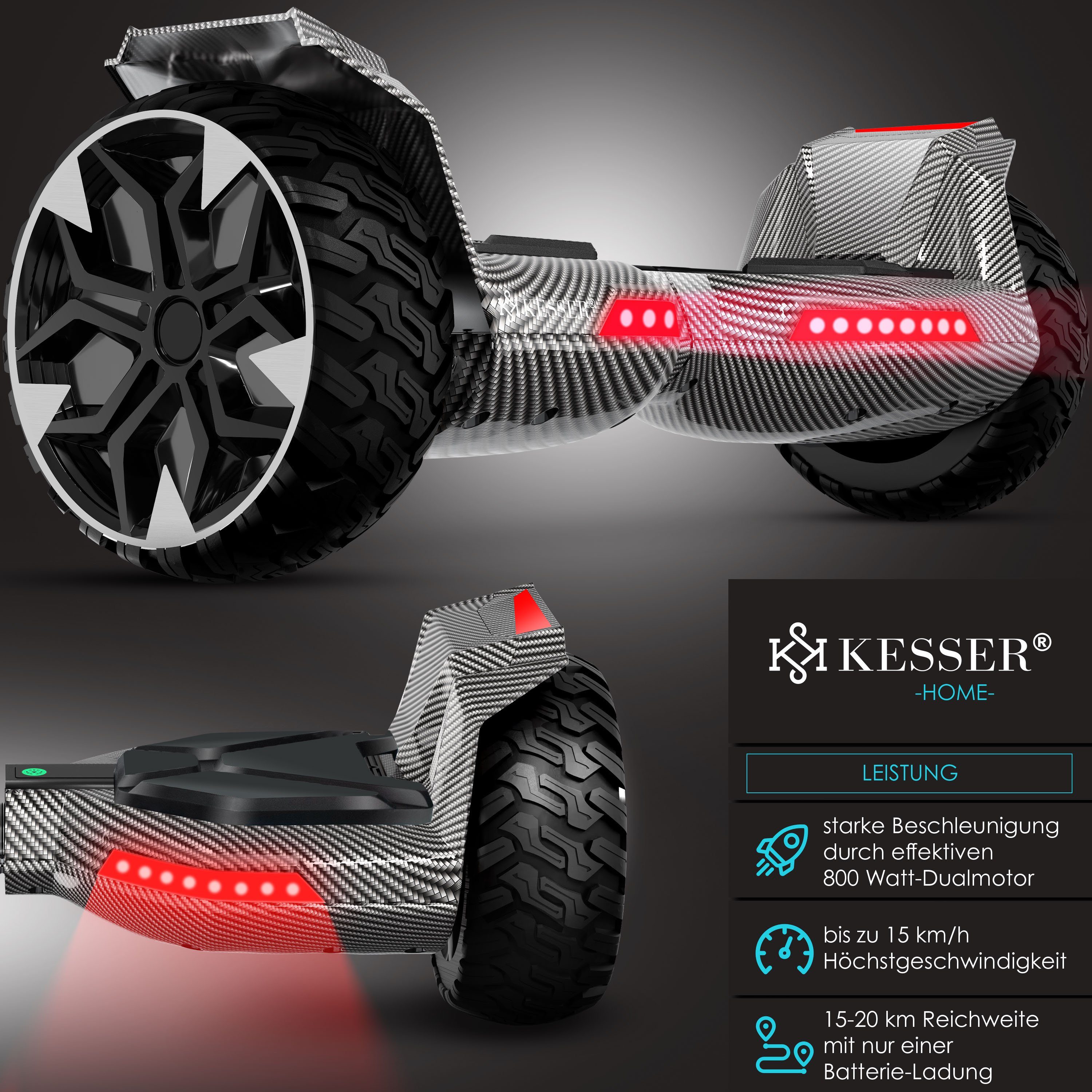 KESSER Balancetrainer, Hoverboard mit Shiny LED Zoll Lautsprecher, Bluetooth 8,5 Licht Carbon 800