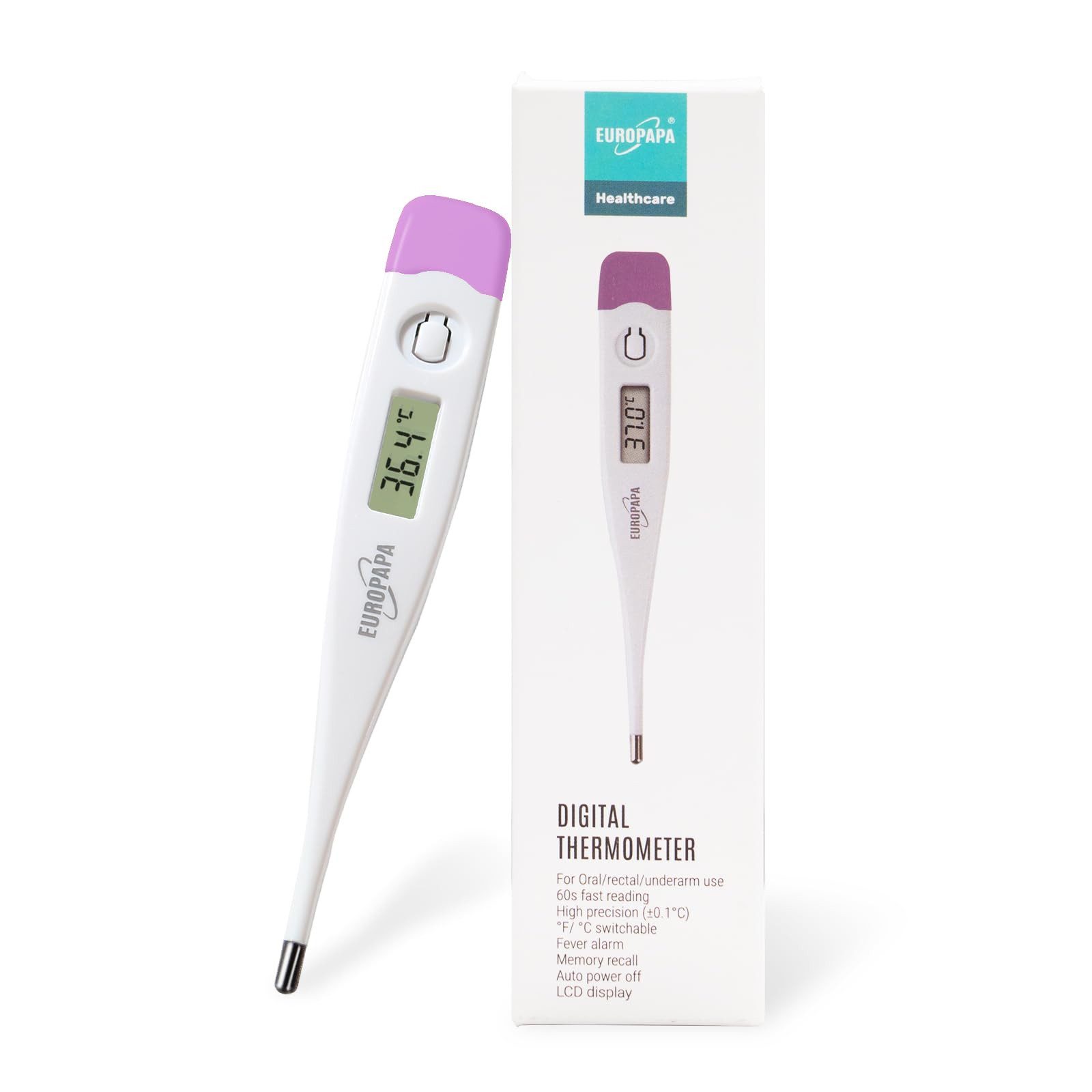 EUROPAPA Fieberthermometer Digitales Fieberthermometer für Babys, 1-tlg., Kinder und Erwachsene, Thermometer für oral, axillar oder rektal, wasserdicht mit Fieberalarm