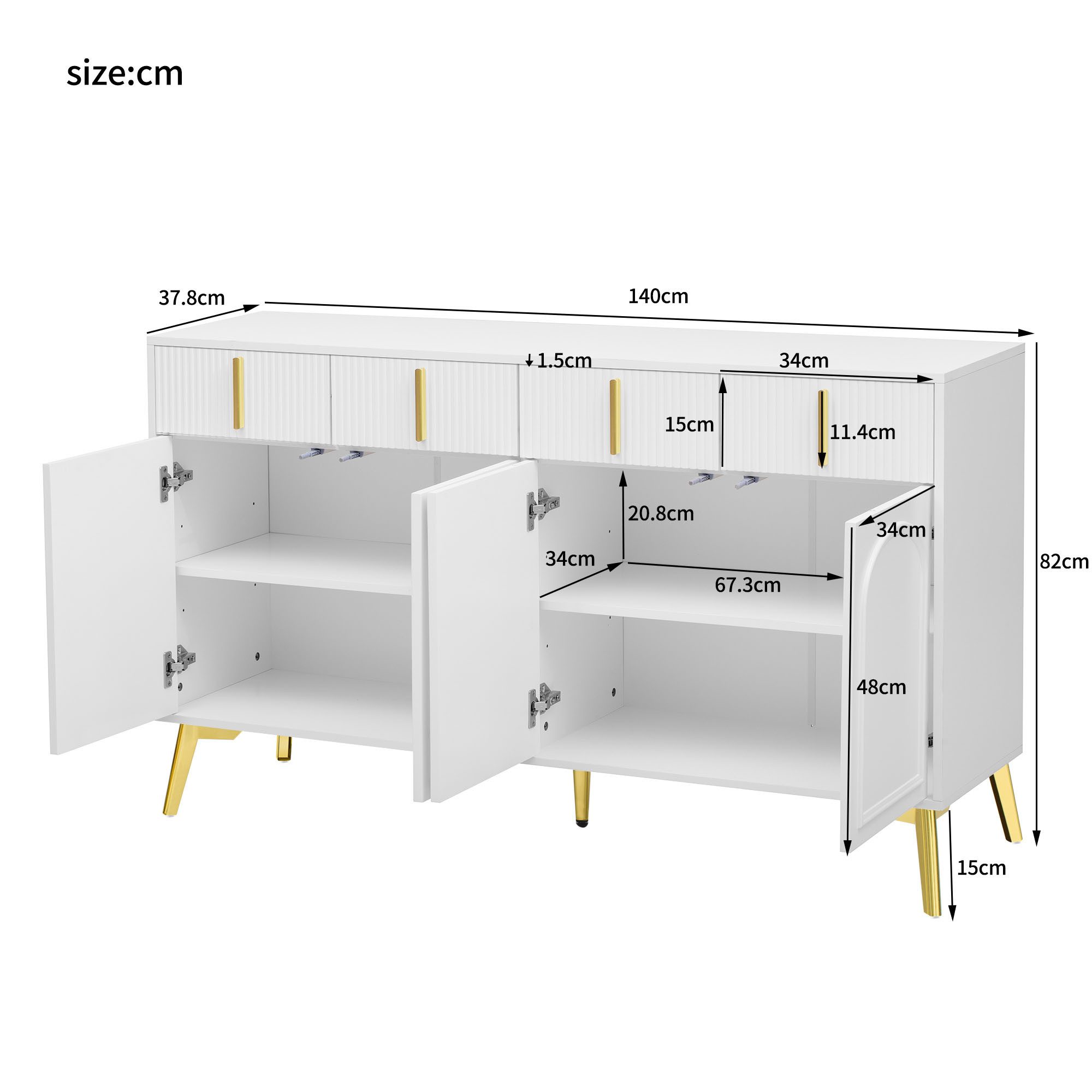 Merax Sideboard mit 4 Türen und 4 Schubladen (mit verstellbaren Einlegeböden und goldenen Beinen, H82/B140/ T37.8 cm), Kommode Anrichte Mehrzweckschrank für Woh – Bild 4 von 5