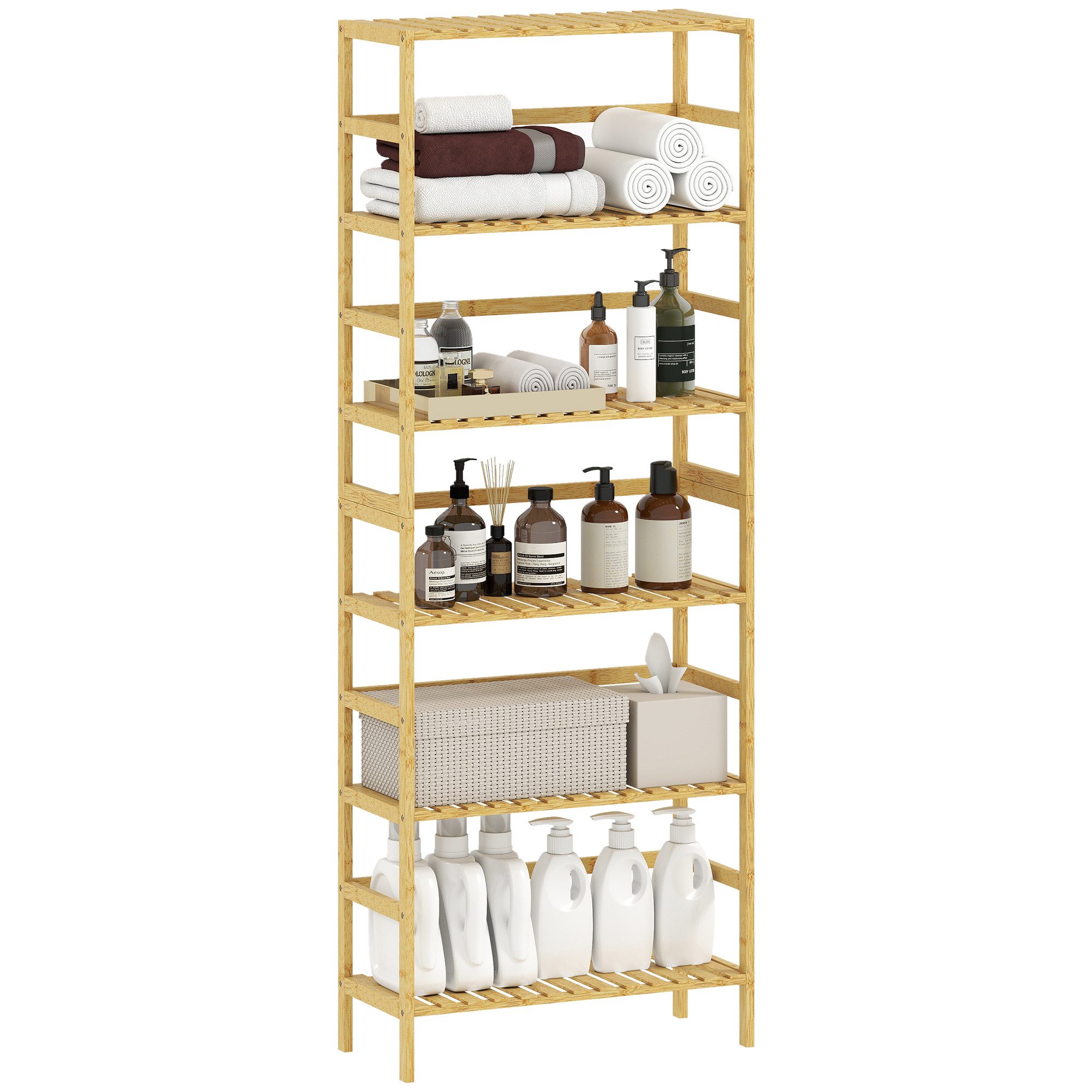 HOMCOM Standregal Badregal Bambus Küchenregal, für Bad, Wohnzimmer, 60 x 26 x 161 cm, 6-stöckiges Bücherregal 1-tlg., höhenverstellbare Regalböden, Naturholz