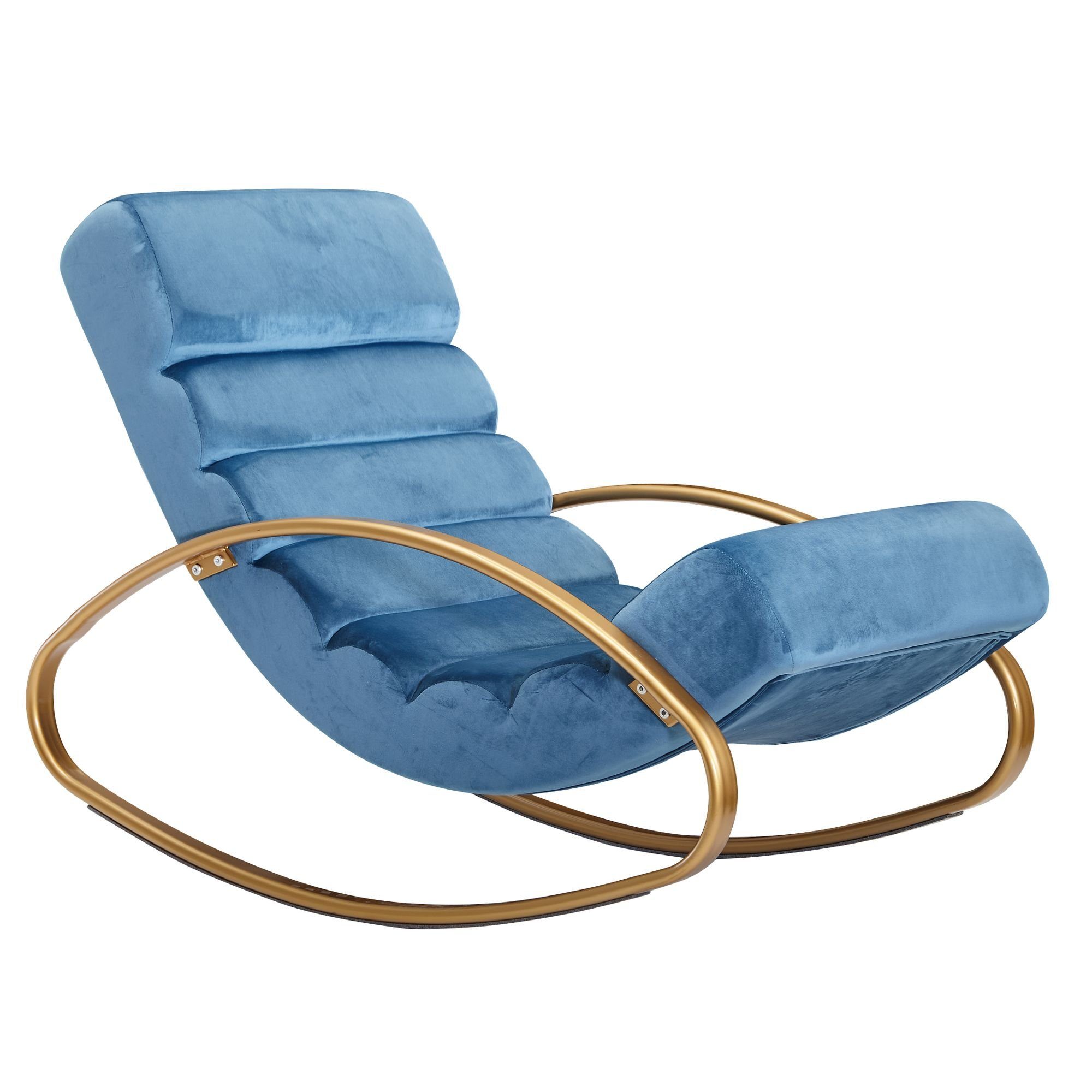 Wohnling Schaukelstuhl WL6.224 (Relaxliege Samt Blau / Gold 150 kg 61x81x111 cm), Schwingsessel Modern, Schwingstuhl Lounge Liege