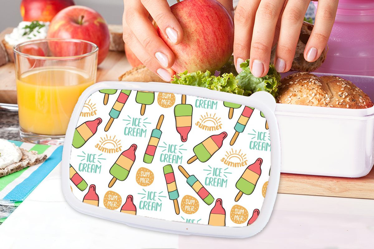 MuchoWow Lunchbox Eiscreme Kinder Brotbox Sommer Mädchen Jungs - Brotdose, - Kunststoff, Erwachsene, Muster, und und (2-tlg), weiß für für