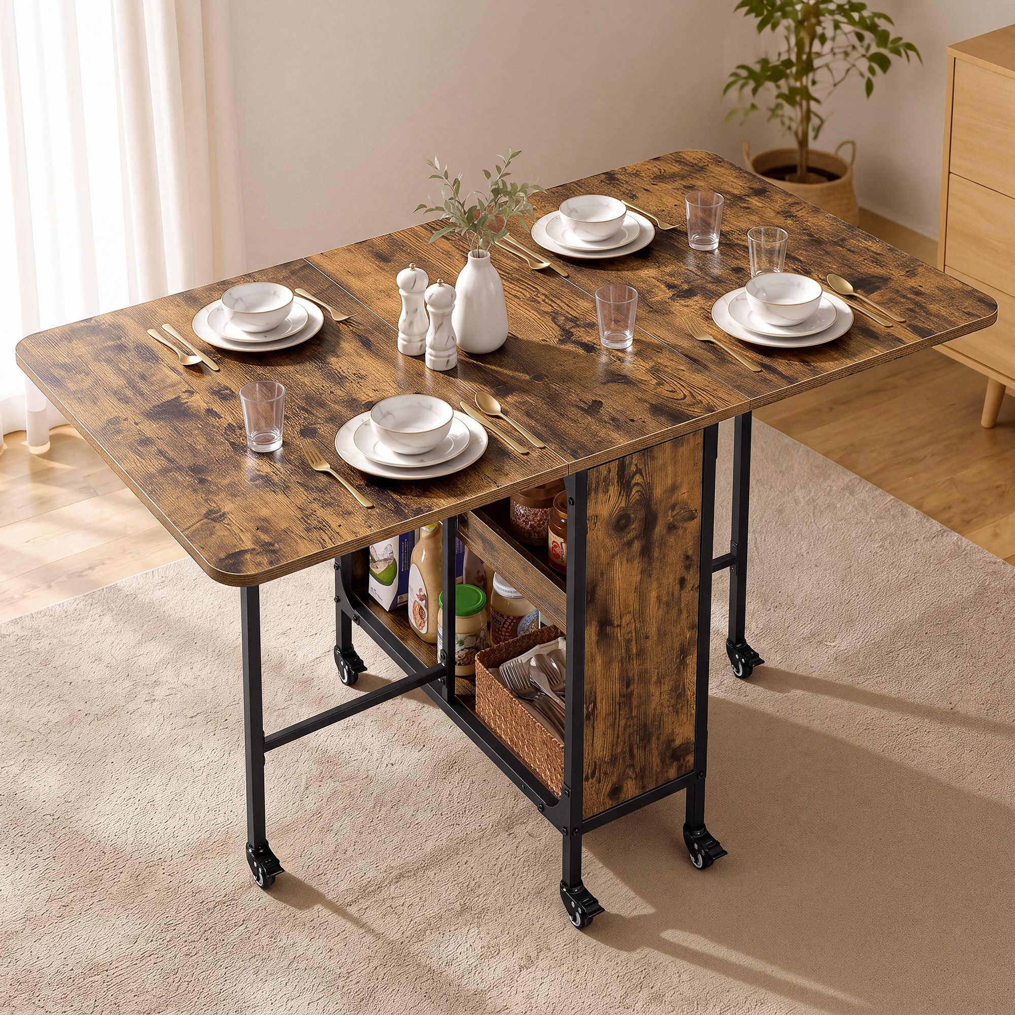 VASAGLE Esstisch Küchentisch Klappbar mit Rollen, platzsparend, 2 Ablagen, 130 x 75 x 75 cm für Küche, Esszimmer, für 6 Personen