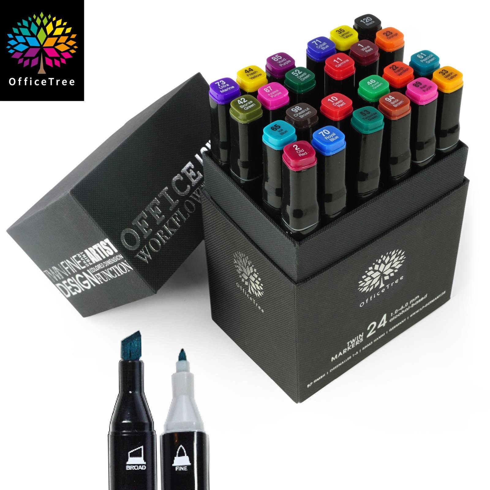 OfficeTree Marker 24er Set Twin Marker Stifte Intensive Farben, (24er Set Twin Marker), Twin Marker Duo-Fasermaler zum Skizzieren Layouten Illustrieren Zeichnen Malen