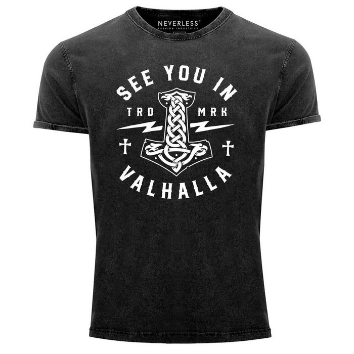 Neverless Print-Shirt Herren Vintage Shirt See you in Valhalla Valknut Mjölnir Thor Hammer Printshirt T-Shirt Aufdruck Used Look Neverless® mit Print