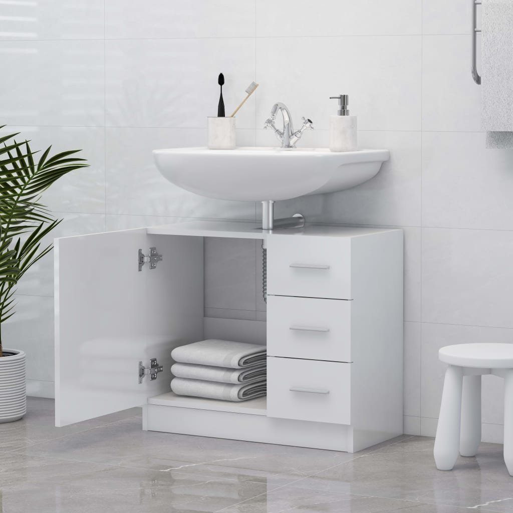Waschbeckenunterschrank (1-St) Badezimmer-Set 63x30x54 Spanplatte, Hochglanz-Weiß vidaXL cm