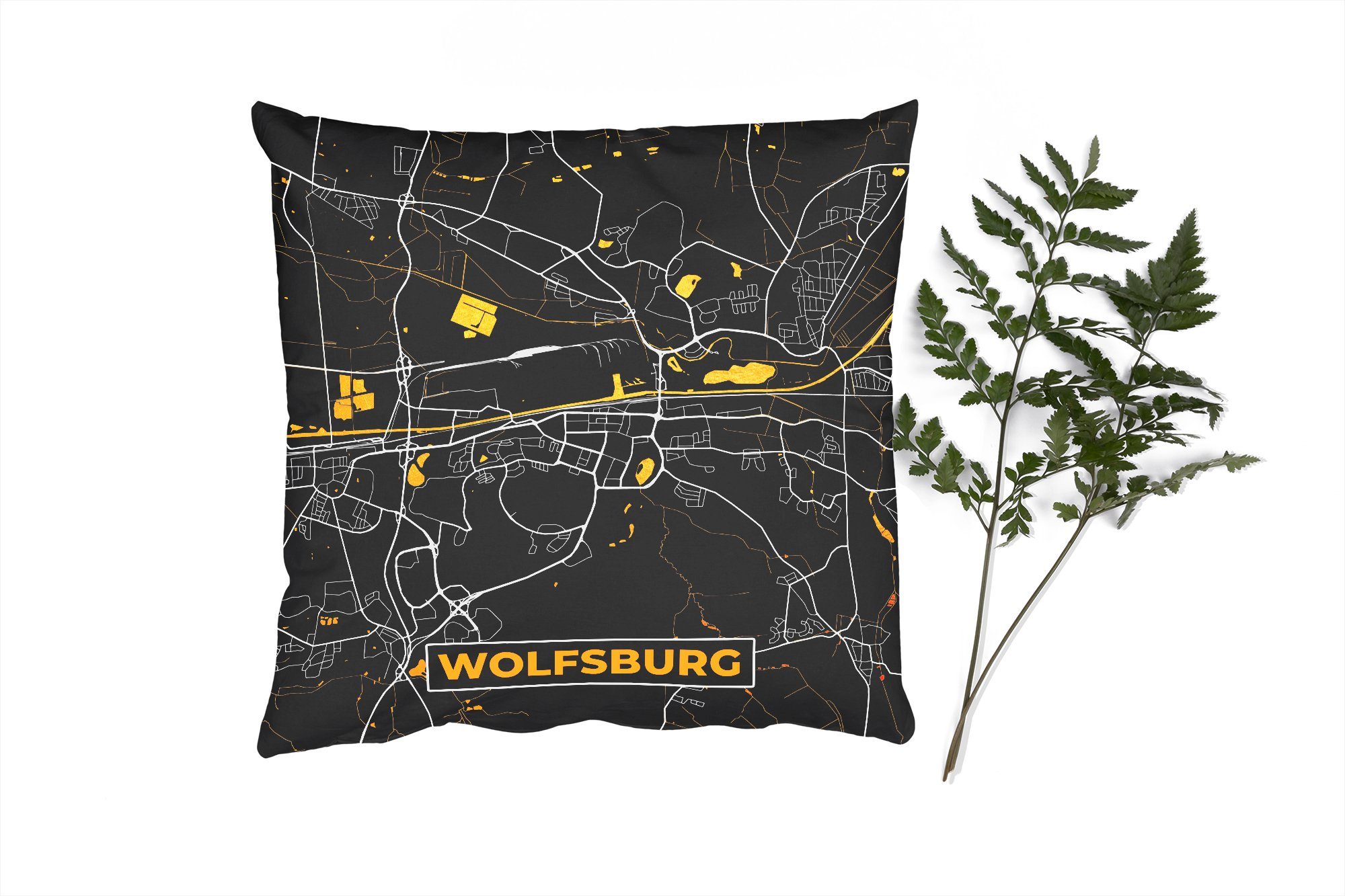 MuchoWow Dekokissen Stadtplan - Deutschland - Gold - Wolfsburg - Karte, Zierkissen mit Füllung für Wohzimmer, Schlafzimmer, Deko, Sofakissen