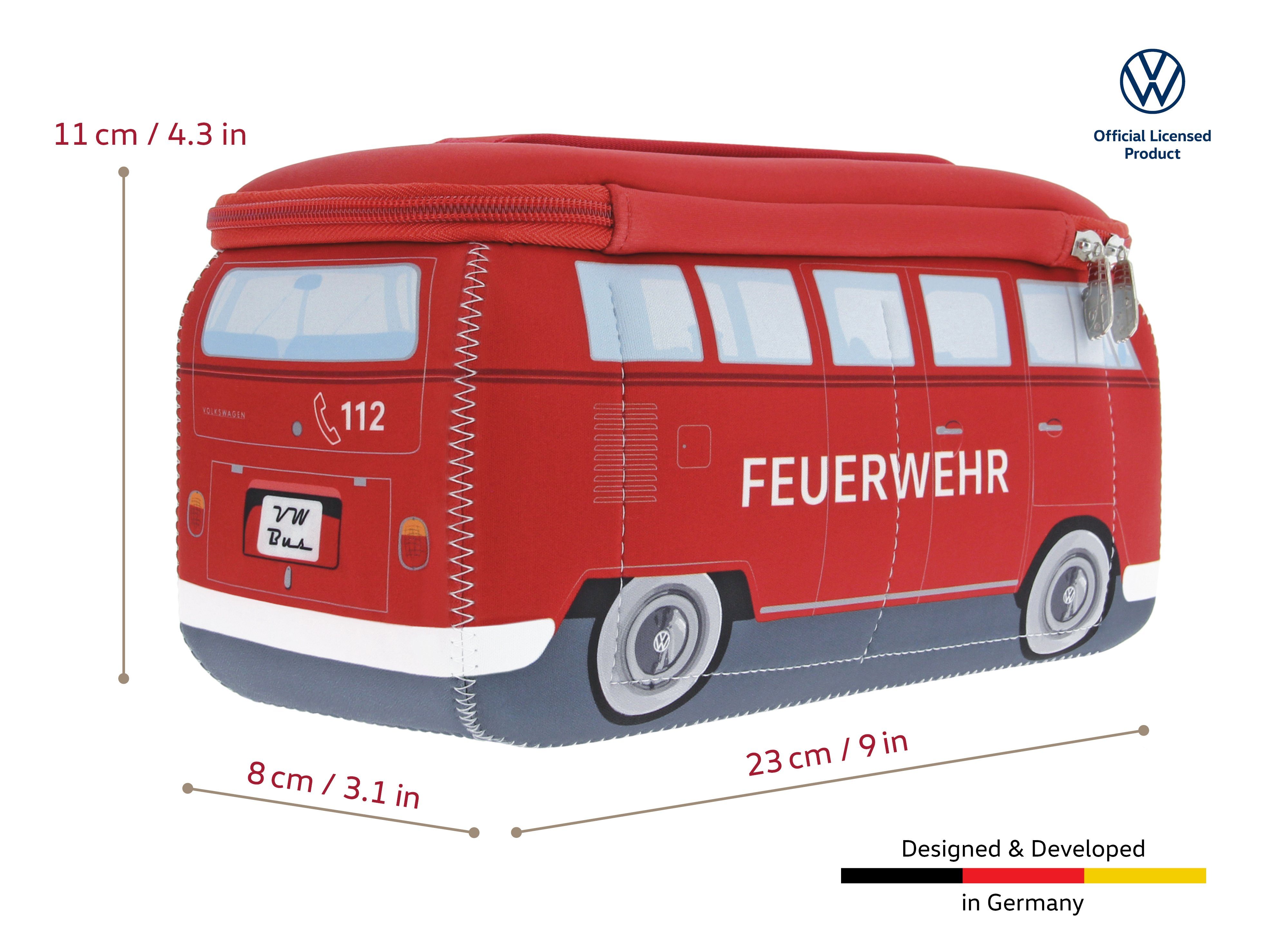 VW Collection by BRISA Kulturbeutel Volkswagen Neopren Schminktasche, Reisebeutel, funktionale Kosmetiktasche im Feuerwehrauto Design, 23x11x8 cm