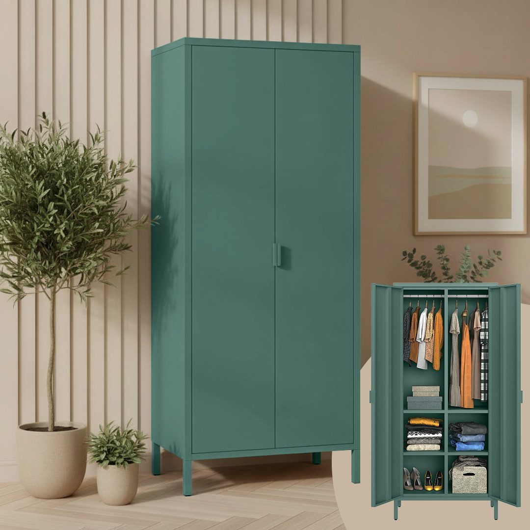 skølm Kleiderschrank Ituri aus Metall (Dunkelgrün) Metallschrank mit 6 Fächern & 2 Kleiderstangen, 170x80x45 cm