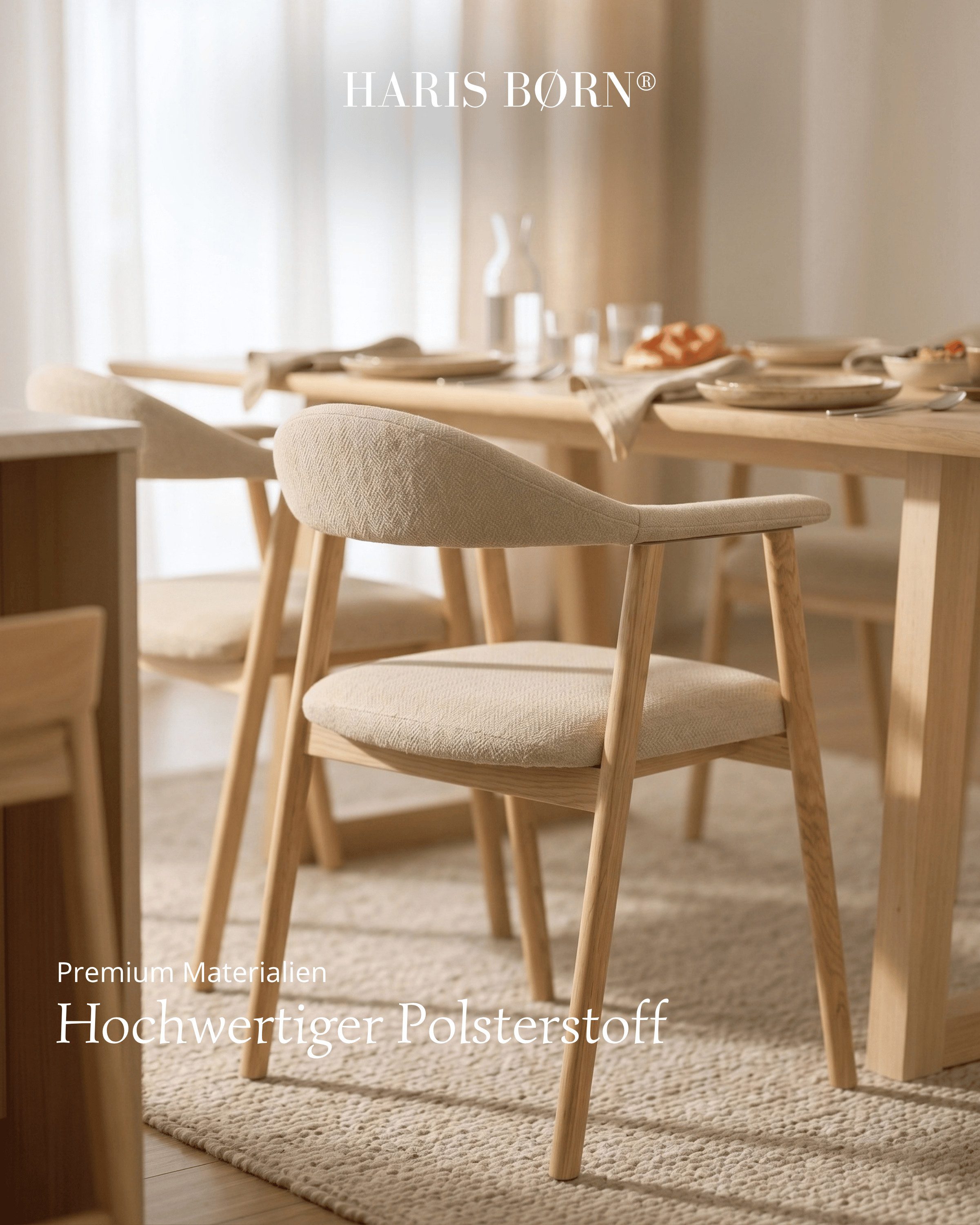 Haris Børn Esszimmerstuhl mit Armlehne (Massiv Eiche) - Polsterstühle für Esszimmer (Set, 2 St), Beige - Esszimmer Stühle & Esstisch Stühle - Moderner Polsterst – Bild 4 von 5