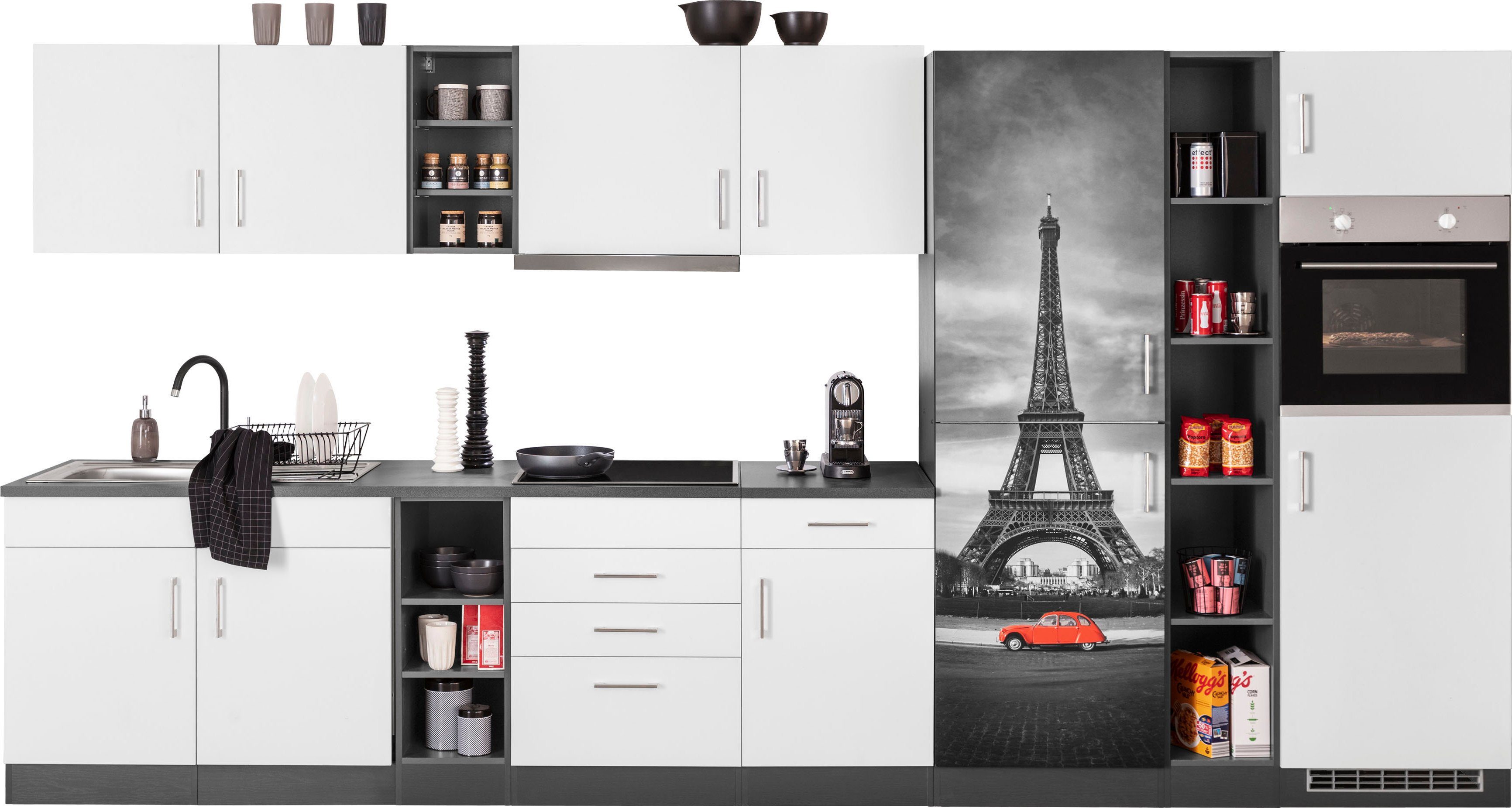 HELD MÖBEL Küchenzeile Paris, mit E-Geräten, Breite 390 cm, Beliebig um  weitere Schränke erweiterbar, z. B. auch über Eck
