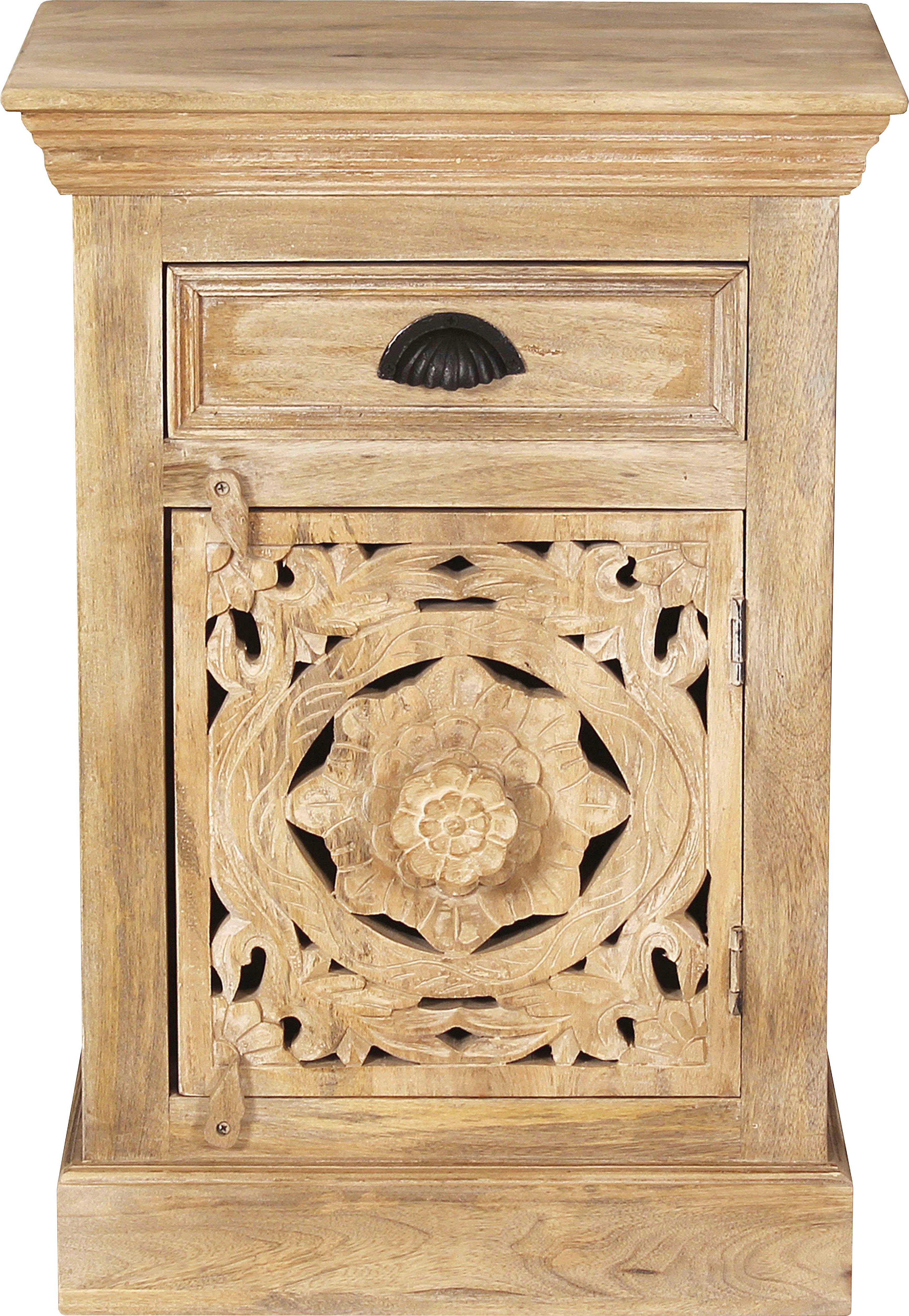 SIT Kommode Famagusta aus Mangoholz mit Tür, Schublade & Holzschnitzereien, Aufwändige Holzschnitzereien als kunstvolles Design-Highlight
