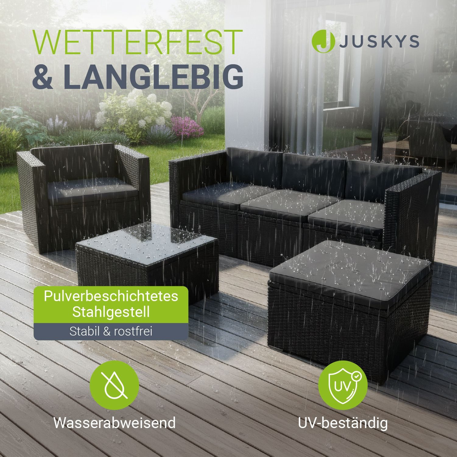 Juskys Gartenlounge-Set Punta Cana, (Set, Sitzgruppe), Polyrattan Sitzgarnitur mit 1 Tisch, 1 Ecksofa, 1 Sessel und 1 Hocker