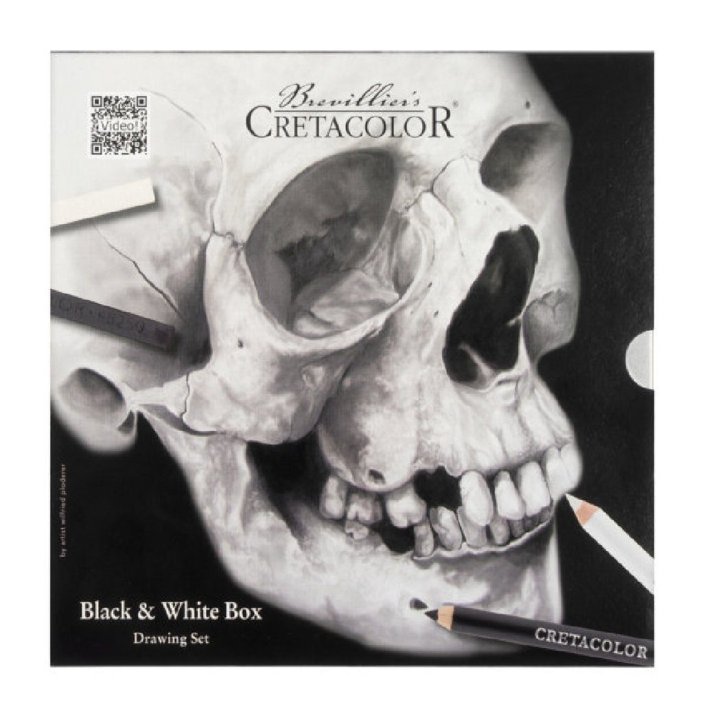 Brevilliers Cretacolor Kreativset Black & White Box Skull Drawing Set, (Zeichen-Set schwarz weiß, 25-tlg., Künstlerset Spezial), inkl. Metallbox