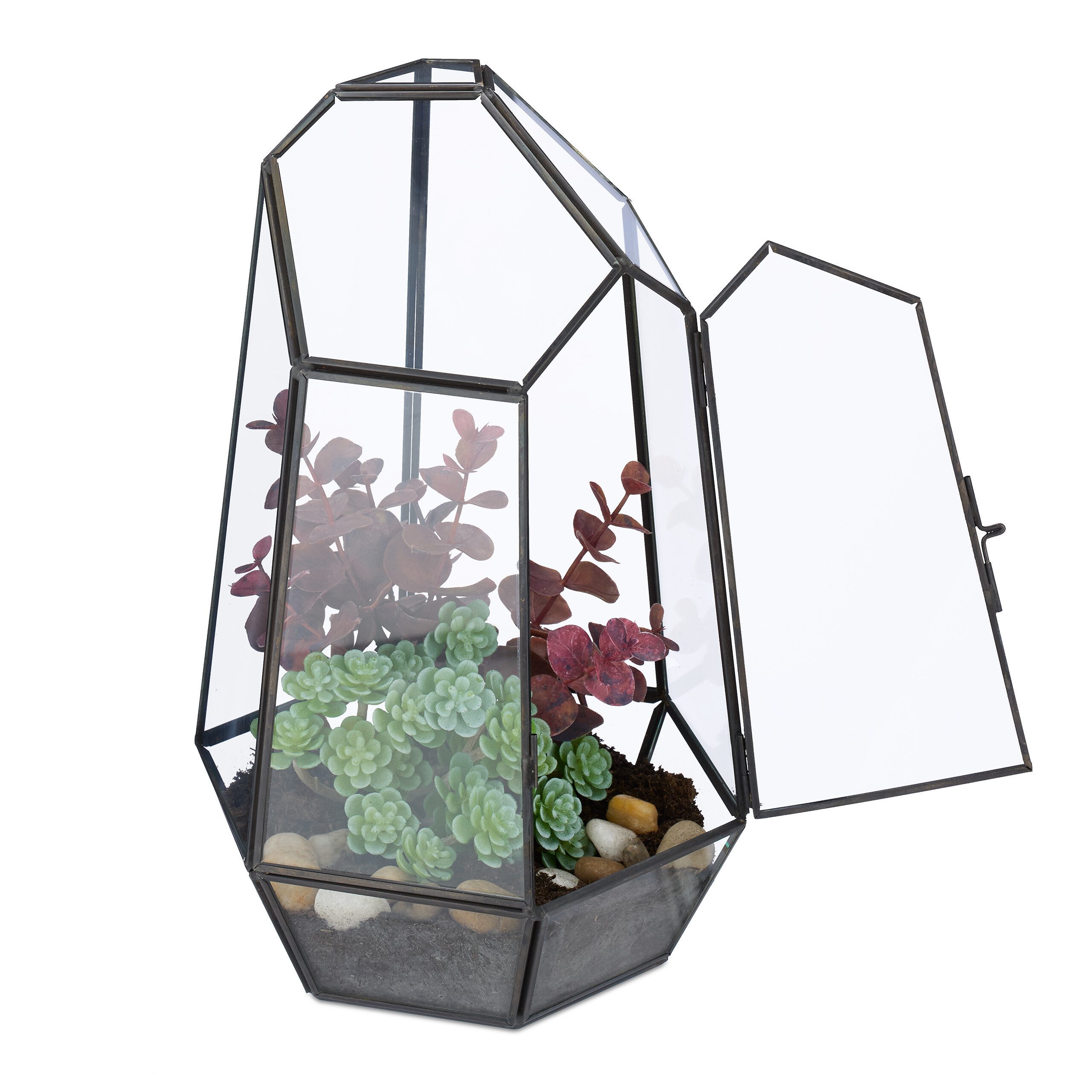 relaxdays Gewächshaus Geometrisches Pflanzenterrarium aus Glas, schwarz günstig online kaufen