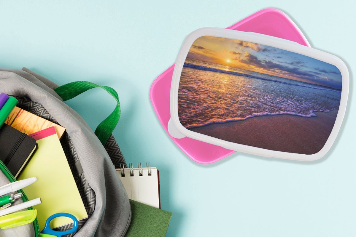 Lunchbox Snackbox, - rosa Sonnenuntergang Wolken - Kinder, Brotbox (2-tlg), Strand für Mädchen, MuchoWow Kunststoff, - Brotdose - Horizont, Erwachsene, Meer Kunststoff