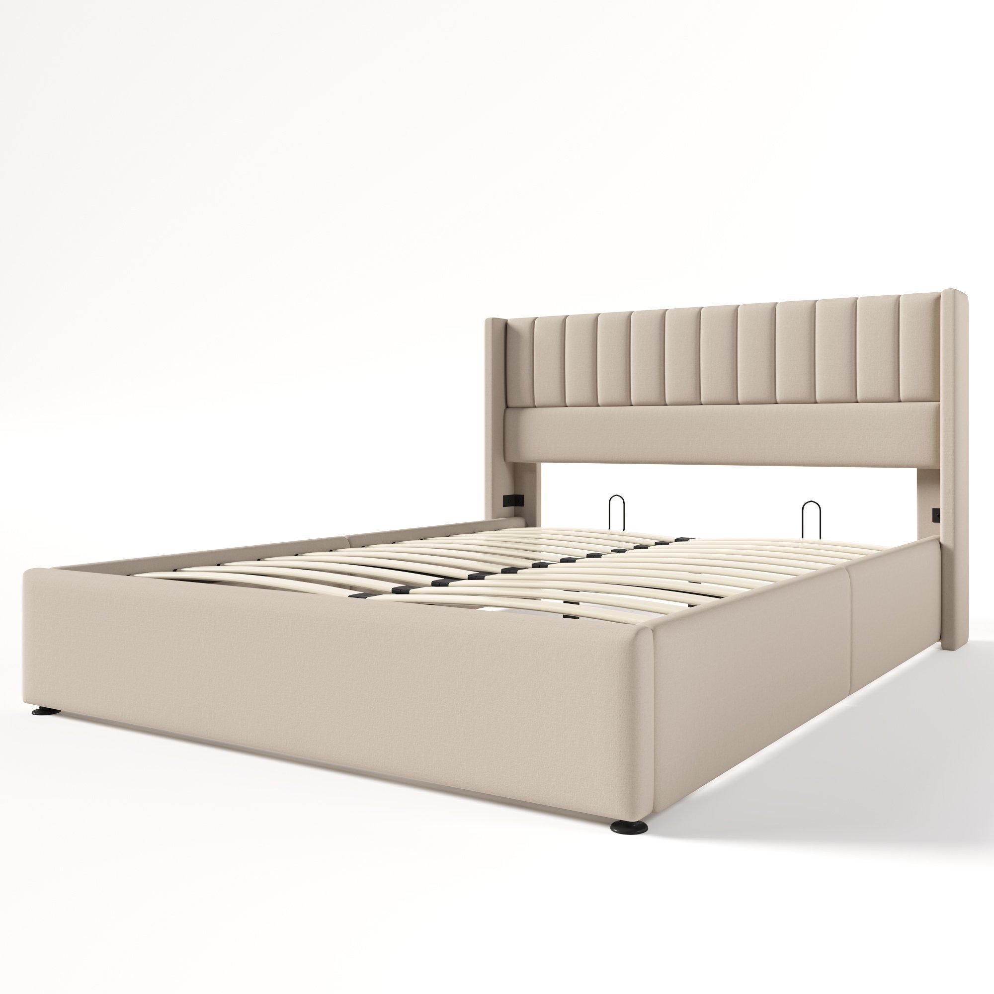 Boxspringbett (Funktionsbett, Doppelbett Hydraulisches Bett mit Lattenrost), Polsterbett Stauraumbett 140x200 cm, Lattenrost aus Holz, Leinen
