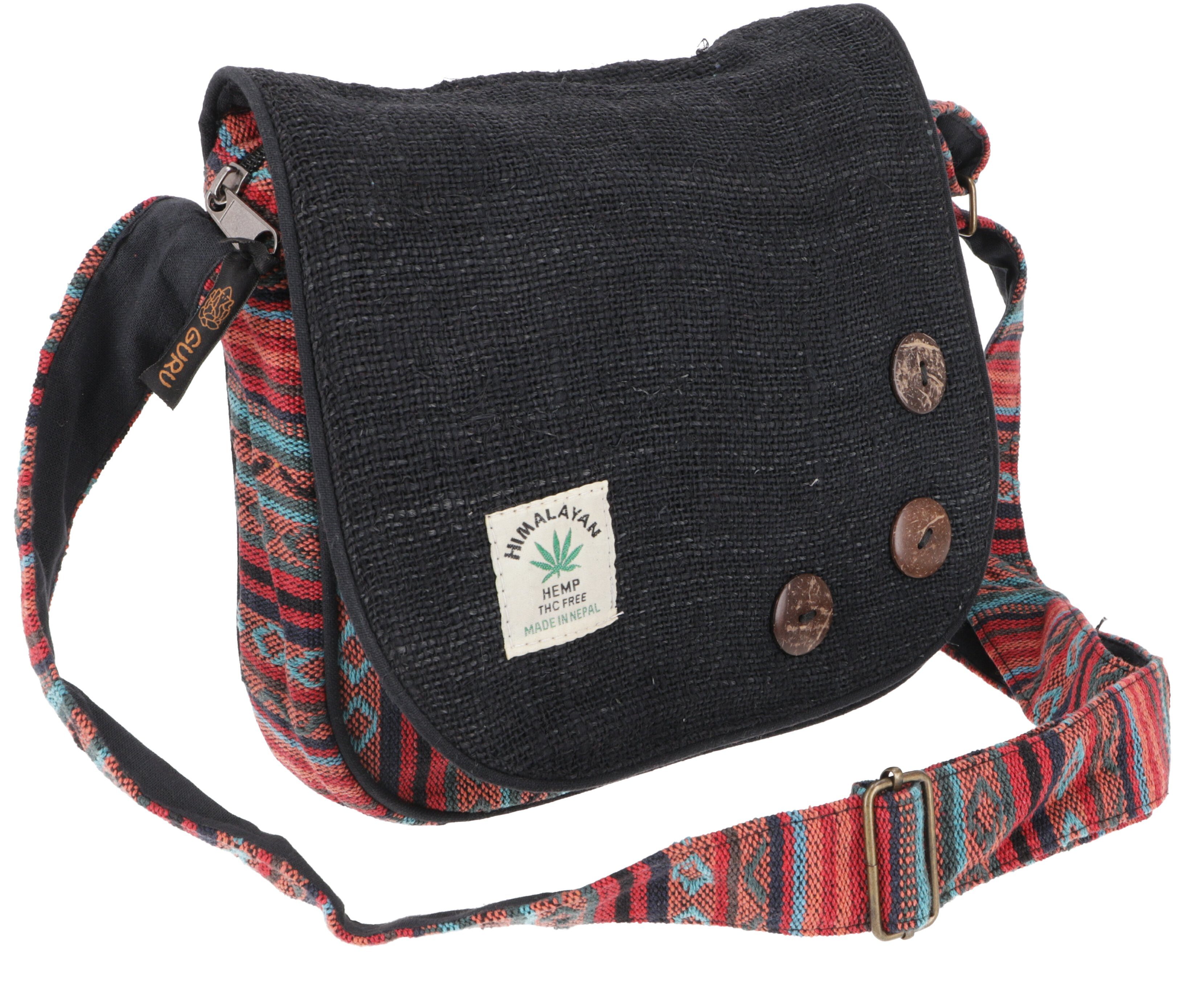 Guru-Shop Schultertasche Boho Schultertasche aus Nepal, Hanf.. schwarz