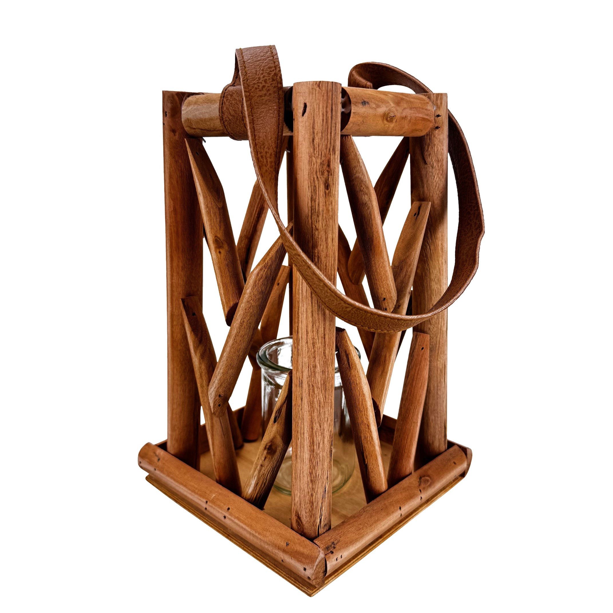 Online-Fuchs Windlicht Laterne aus Holz mit Kerzenglas und Trageriemen - Outdoor (28 cm groß, für kleine Kerzen oder Teelichter), Dekoration für Garten, Terrasse und Balkon