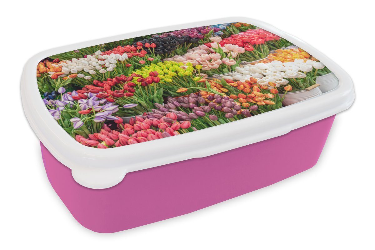 Kunststoff Erwachsene, MuchoWow Kinder, Tulpen Blumen Farben, Kunststoff, (2-tlg), für - Mädchen, Lunchbox - rosa Snackbox, Brotdose Brotbox