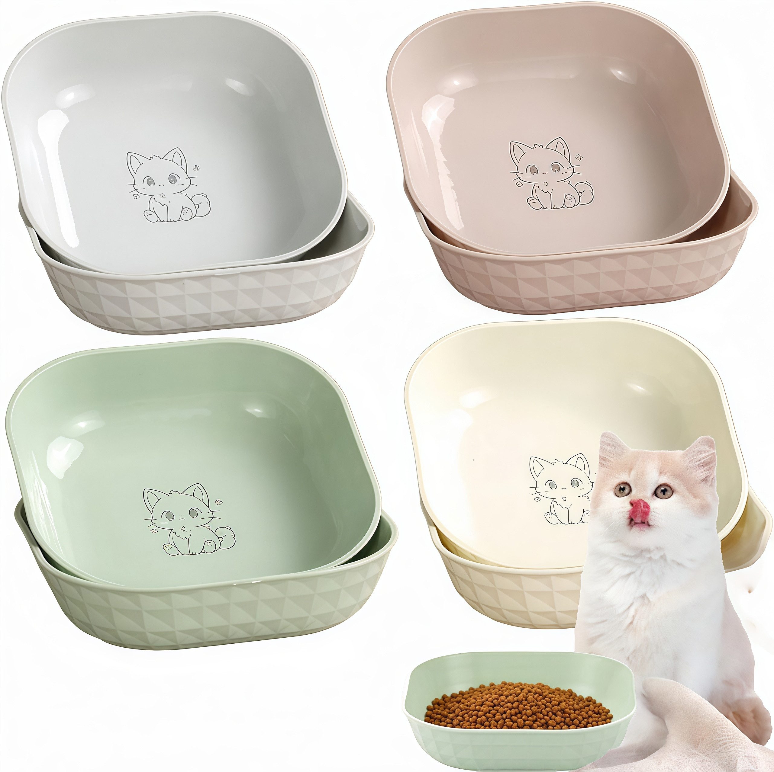 FOUORTUNATE-BEE Napf-Set 10-teiliges Katzennapf-Set für Trocken- und Nassfutter, Quadratische Futternäpfe für Katzen im praktischen Set