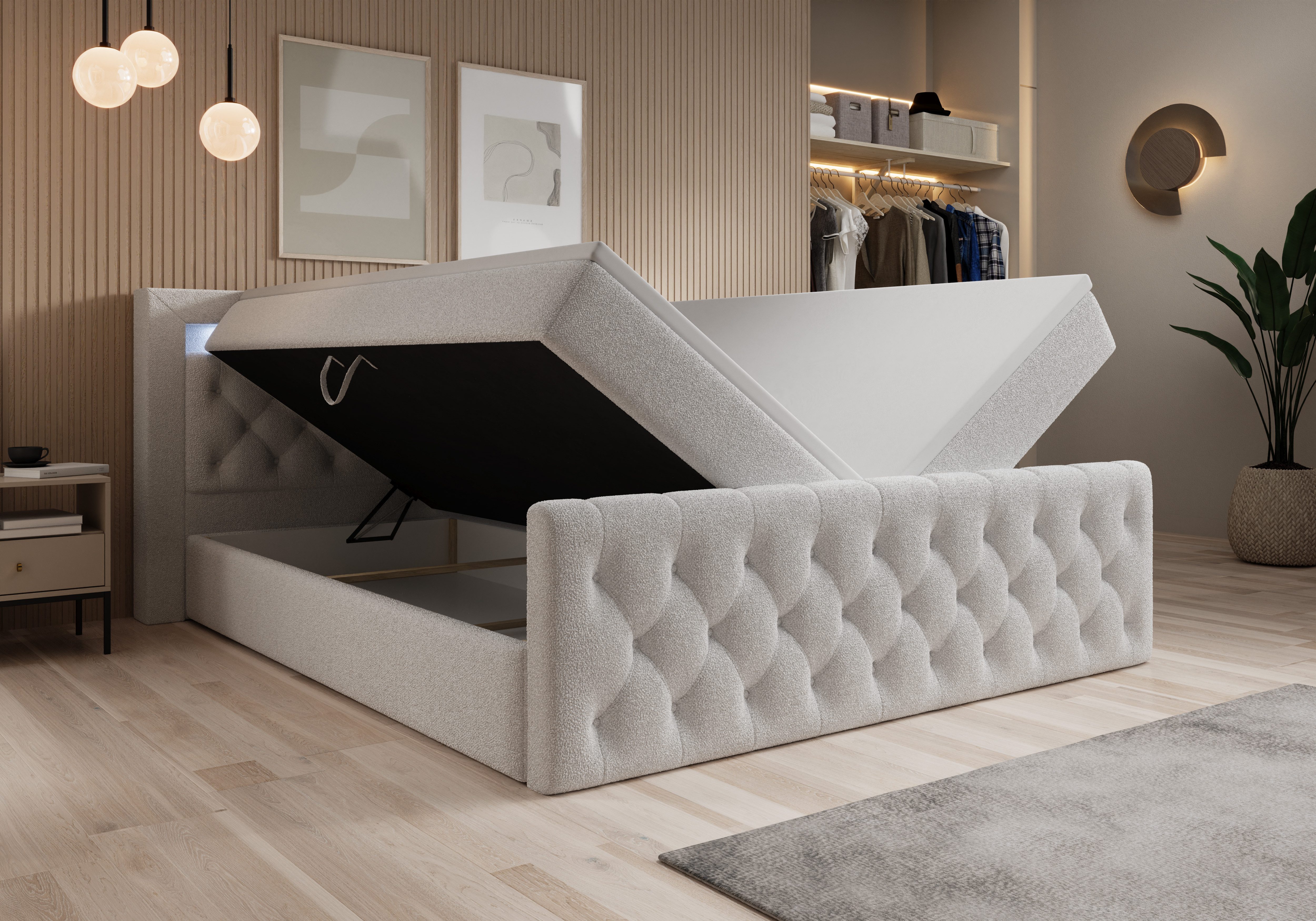 thematys Boxbett LED mit Bettkasten 140x200–200x200 cm – Velours oder Bouclé Bezug – (Polsterbett Bonnellfederkern Matratze H3 + Gratis 3cm Topper, Boxbett - Luxus Doppelbett mit Stauraum und LED)