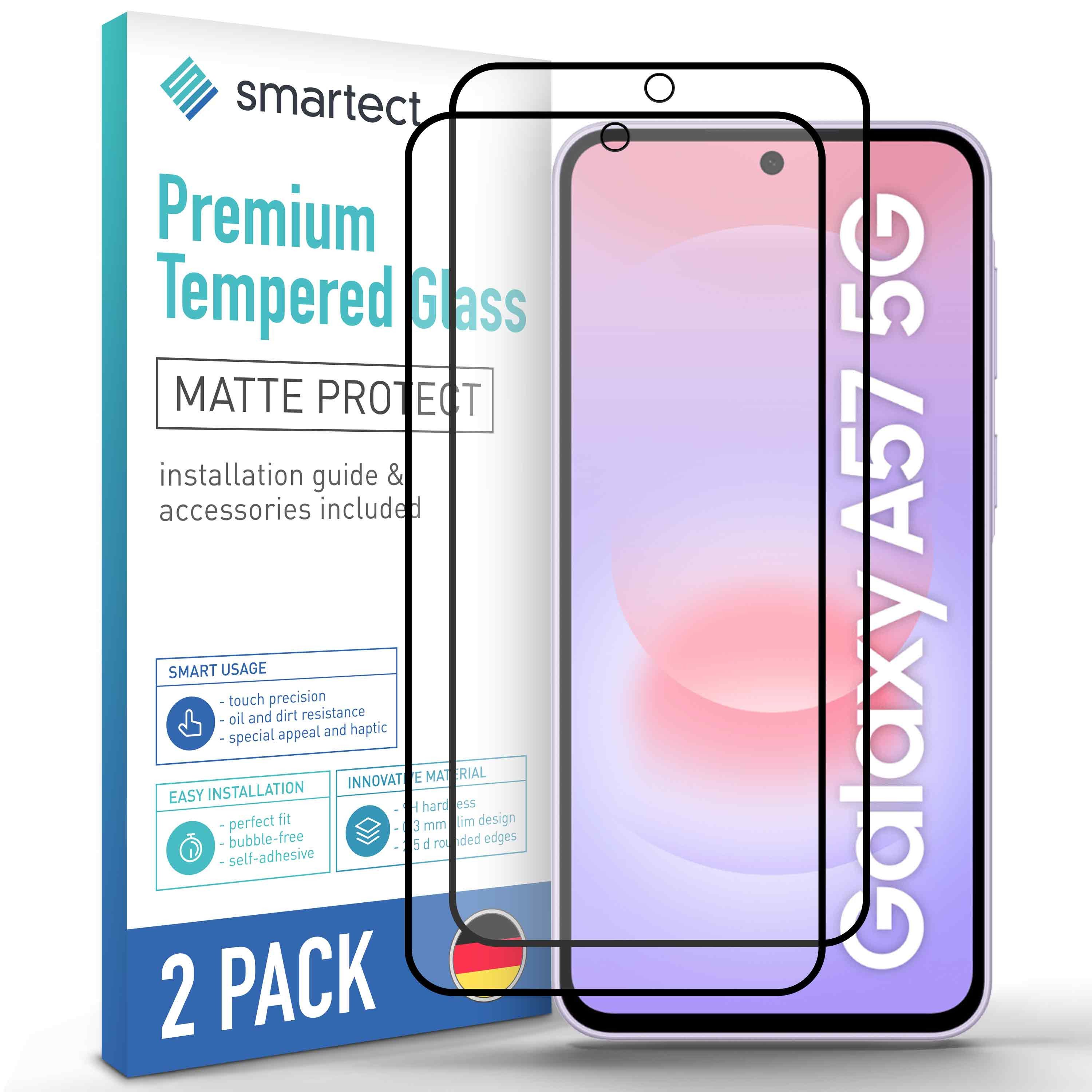 smartect Displayschutzglas 2X Schutzglas Panzerfolie Full Screen Matt für Samsung Galaxy A57 5G für Samsung Galaxy A57 5G, Set, 2 Stück, Entspiegelt, 9H Härte, Kratzfest, Stoßfest, Blasenfrei, Oleophob