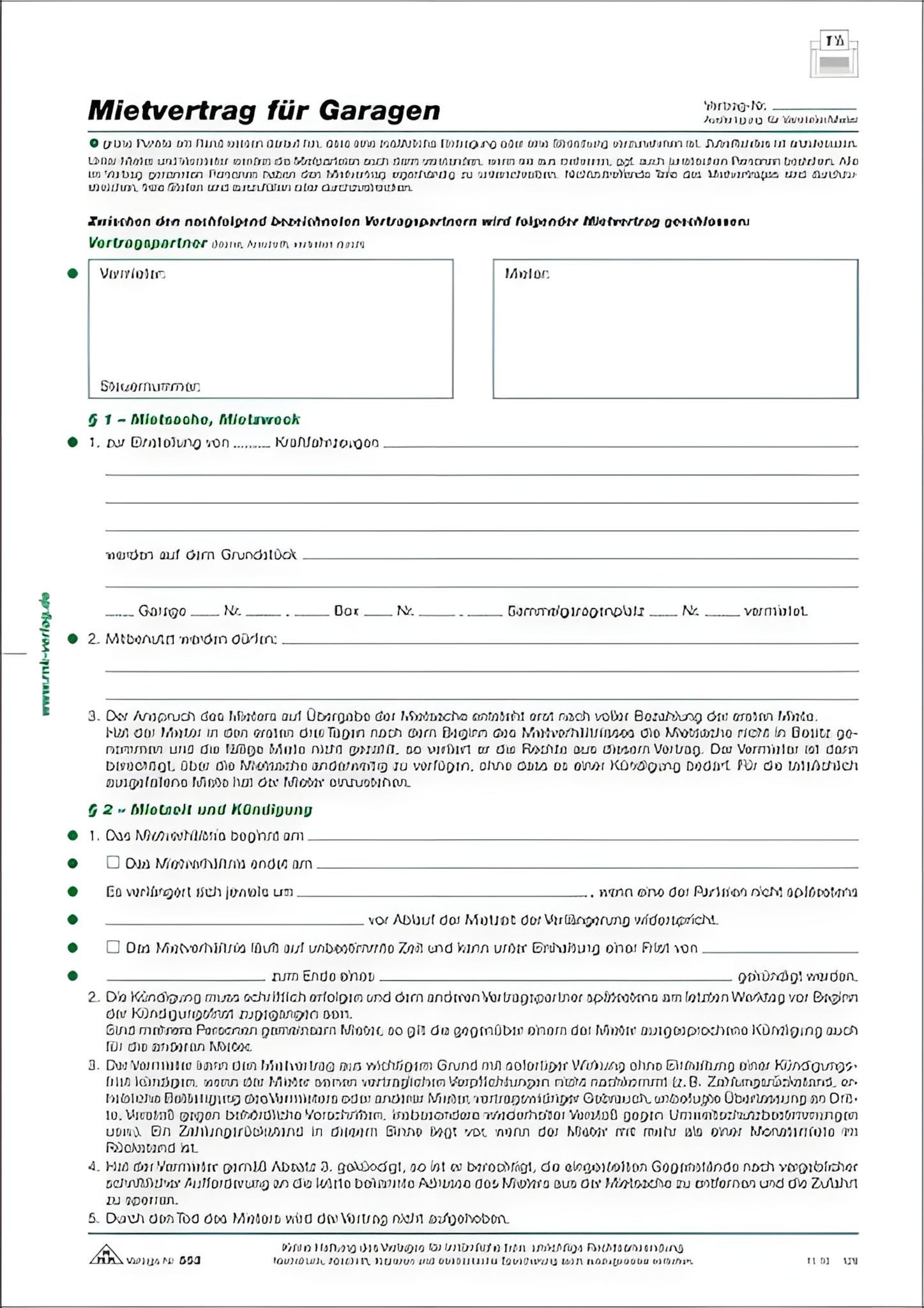 RNK Formularblock RNK Mietvertrag Garagen u. Kfz-Stellpl. A4 4S