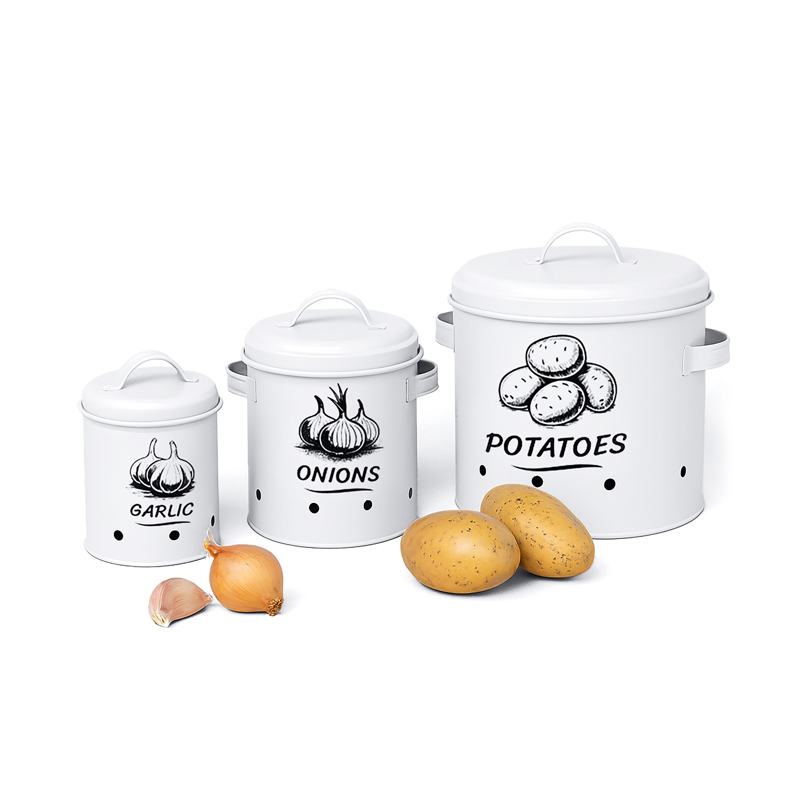 relaxdays Vorratsdose Kartoffel Aufbewahrungsbox 3er Set, Stahl, (3-tlg), weiß