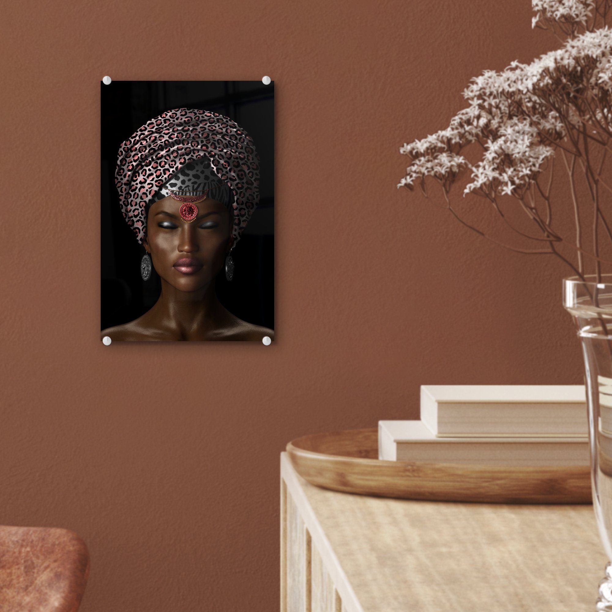 auf - Wanddekoration - Glas - Glas MuchoWow Farben Wandbild - Acrylglasbild - auf Bilder St), Glasbilder Kopftuch, Frau (1 Foto