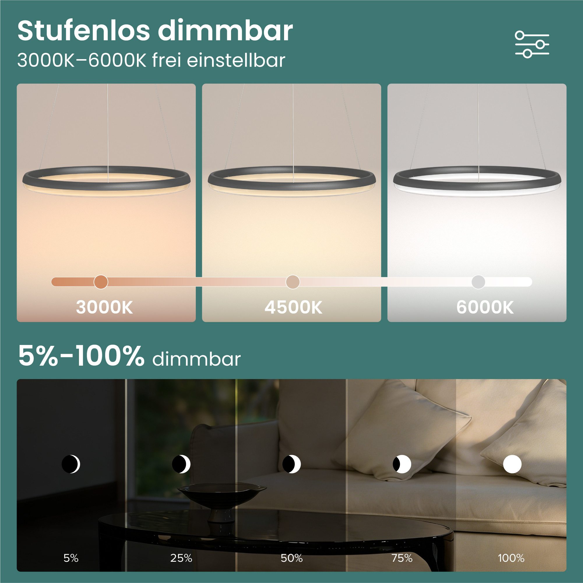 Mai & Mai Pendelleuchte Pendellampe LED-Hängelampe stufenlos dimmbar 3000K–6000K 20W Luvina05, LED-Pendelleuchte, Farbtemperatur von 3000K–6000K
