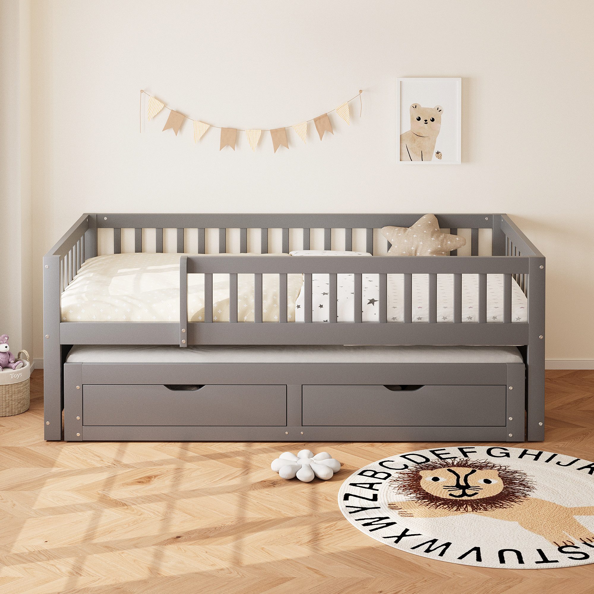 HAUSS SPOLE Kinderbett 90x200 cm, Ausziehbares Bett mit 2 Schubladen, Mit Lattenrost, Grau (mit Ausziehbett & 2 Schubladen, Vollverkleidetes Sicherheitsgitter, 90x200 cm (90x190 cm), ohne Matratze