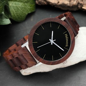 Holzwerk Quarzuhr HAMBÜHREN Damen & Herren Holz Armbanduhr, braun, schwarz, silber