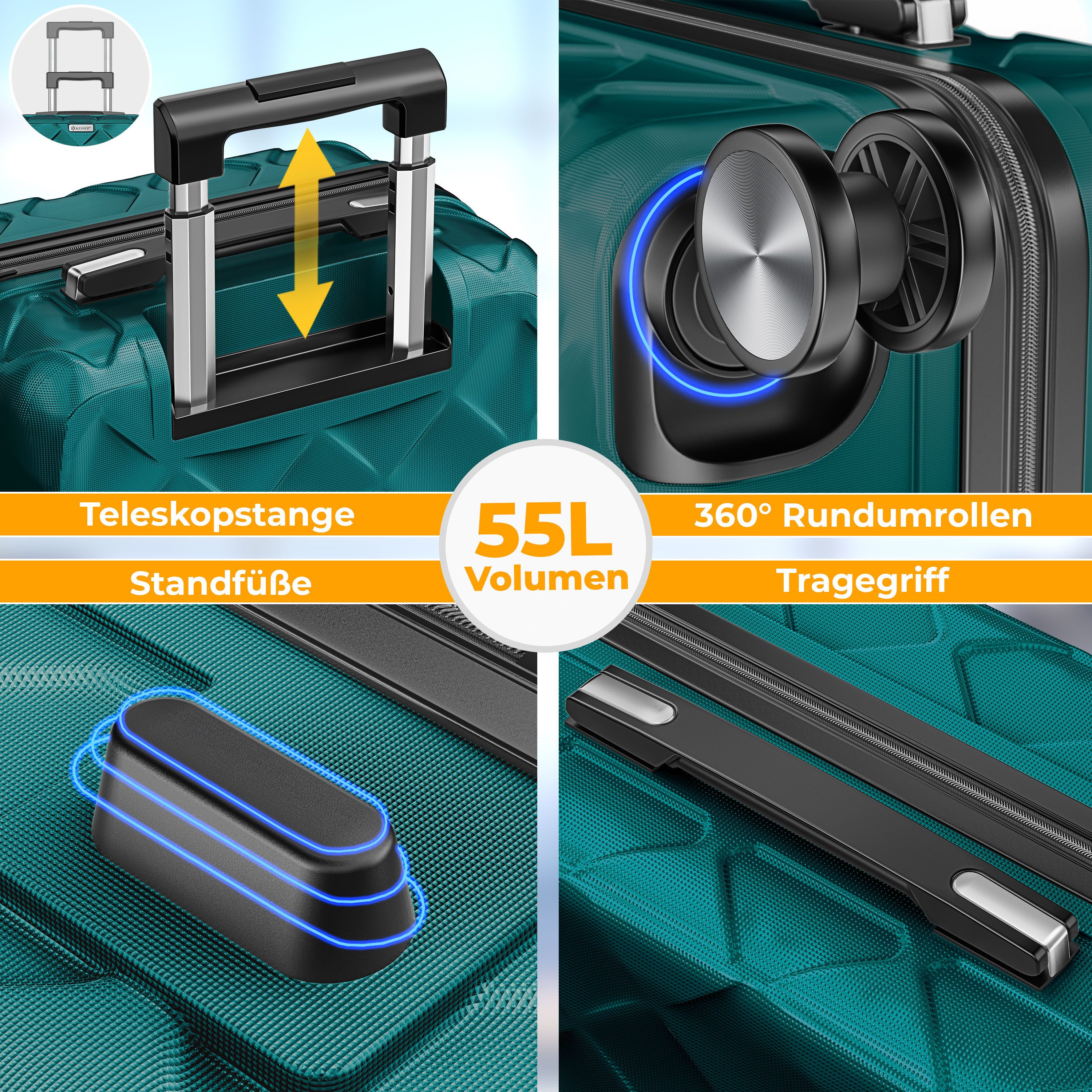 KESSER Hartschalen-Trolley Reisekoffer, 4 Rollen, ABS Hartschalenkoffer mit Zahlenschloss Kofferwaage & Reisebrieftasche
