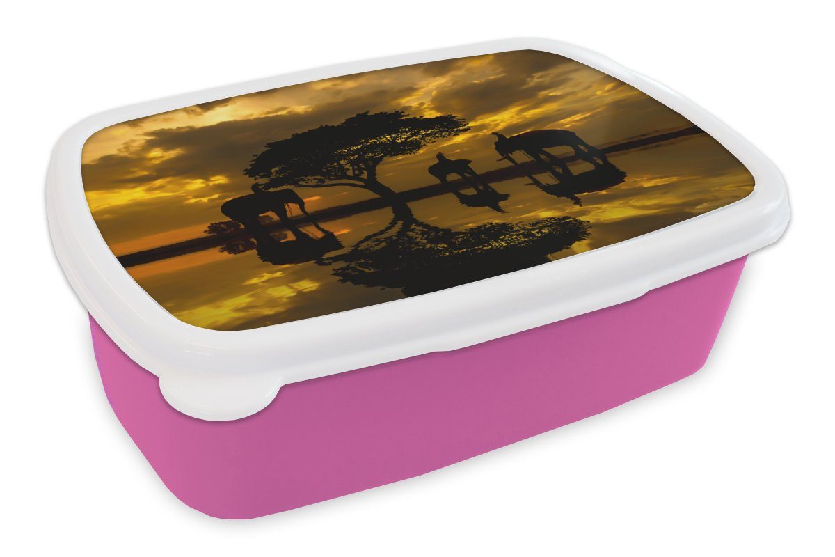 MuchoWow Lunchbox Silhouette der thailändischen rosa bei Elefanten (2-tlg), Kinder, für Snackbox, Kunststoff Brotbox Mädchen, Sonnenaufgang, Erwachsene, Brotdose Kunststoff