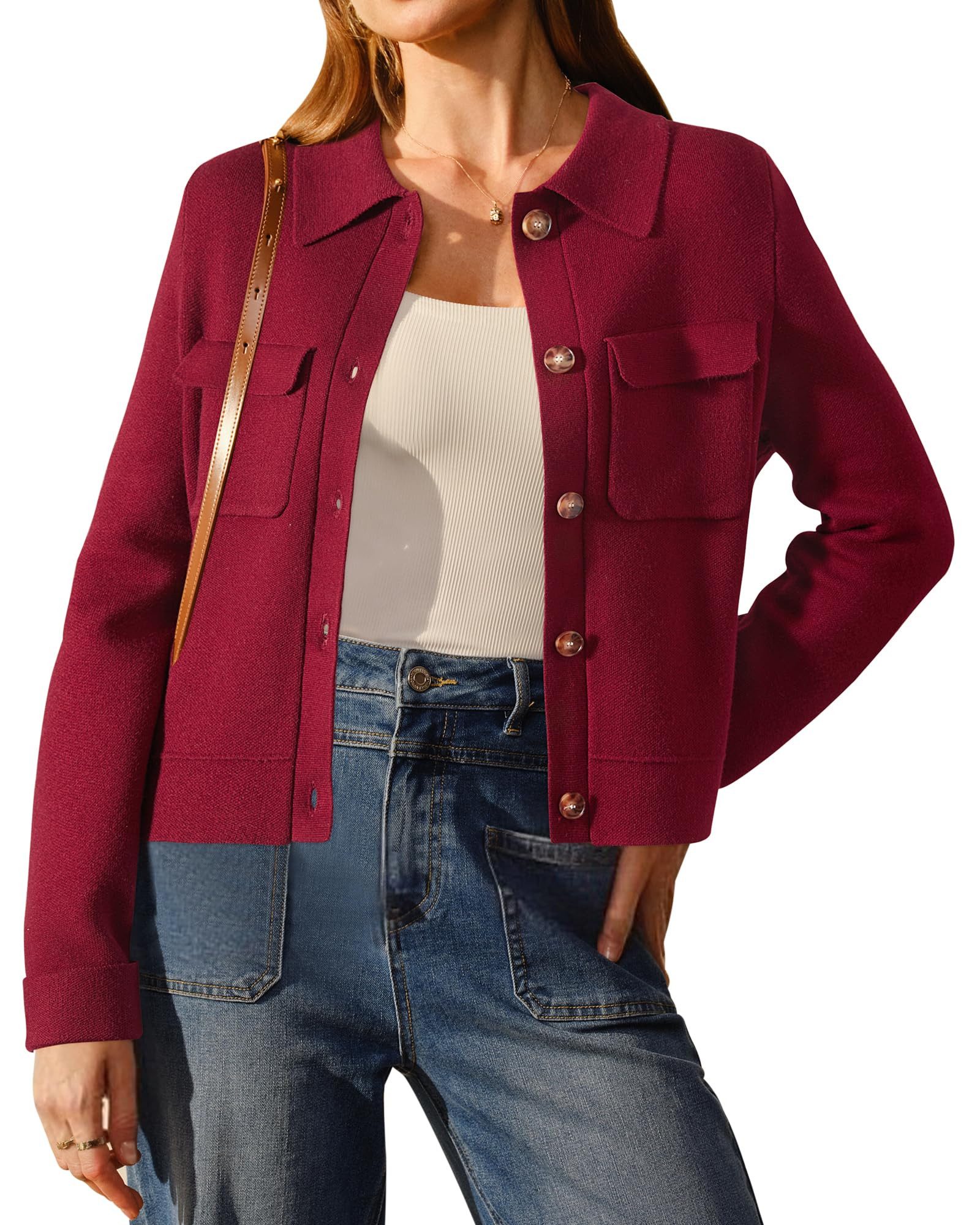 Arach&Cloz Jackett Arach&Cloz Damen Wollmischung Button Down Kurzjacke Jerseysakko Herbstmode Strickjacke Revers Блузкиblazer lange Ärmel Wollpullover
