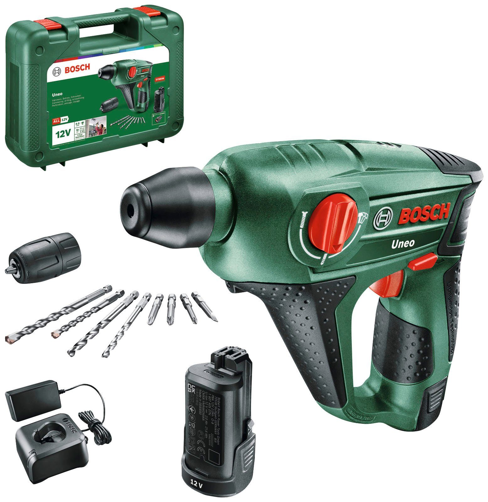 Bosch Home & Garden Bohrhammer Uneo, max. 900 U/min, (Set), inkl. 2 Akkus  und Ladegerät, Ultimative Flexibilität – Kompatibel mit dem 12V POWER FOR  ALL System